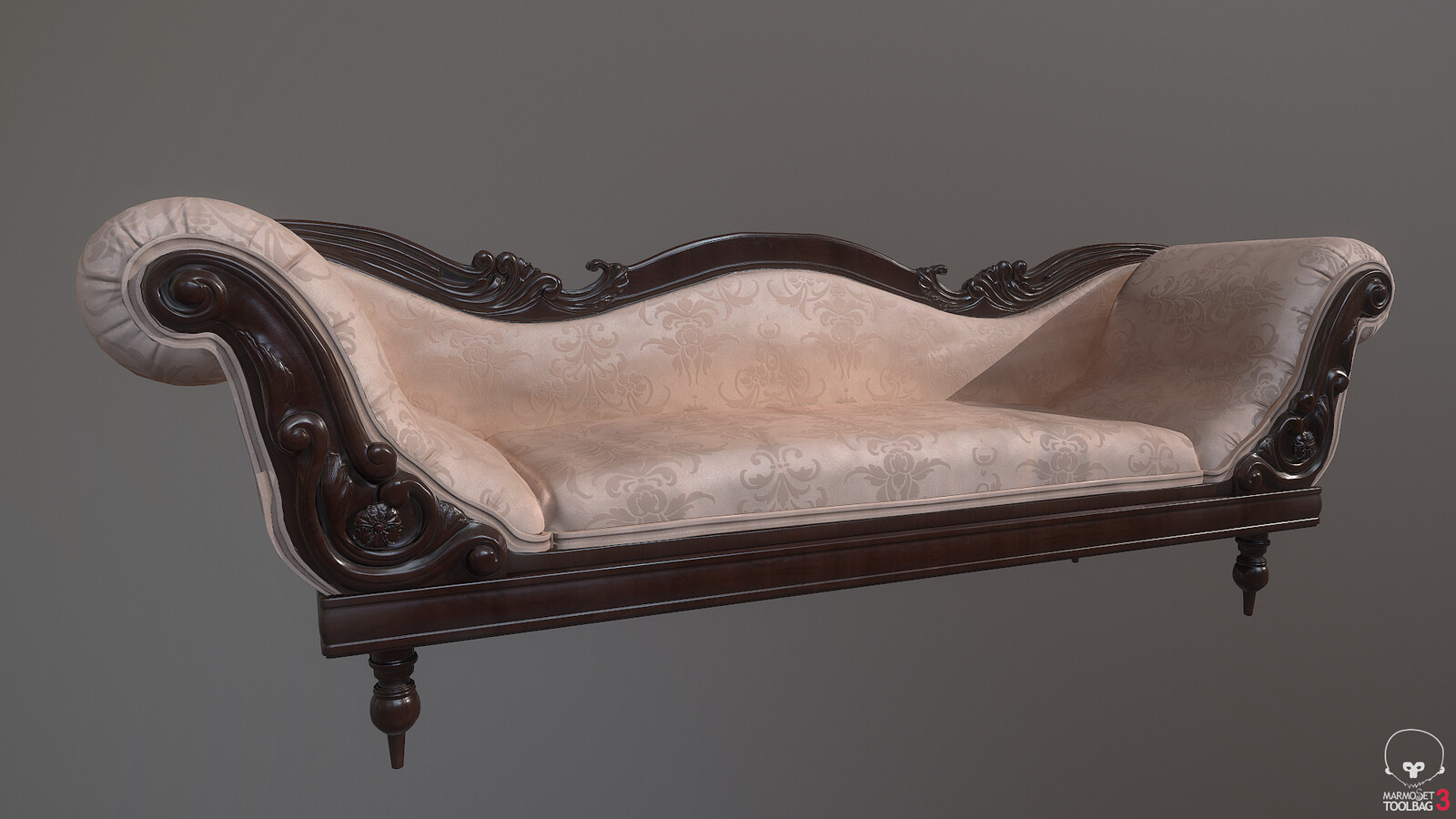 The sofa's base model was done in 3ds Max, and the sculpting was done in ZBrush. Texturing in Substance Painter.