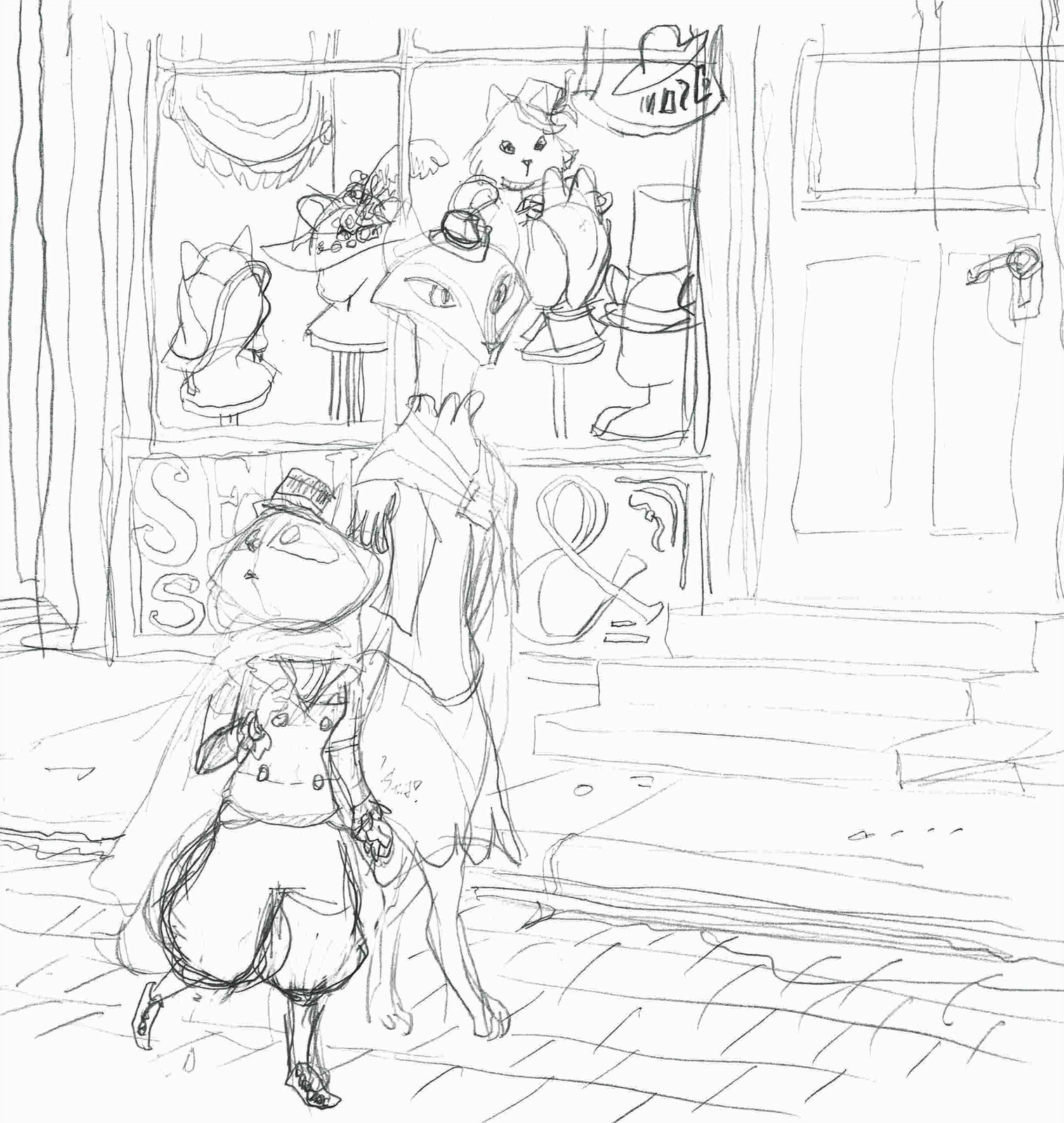 early sketch of a possible setting and costumes