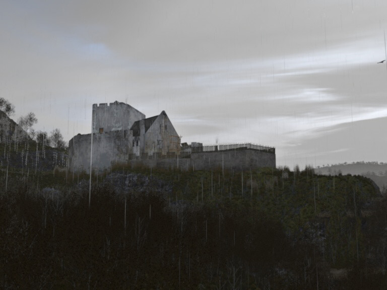Alt Wolfstein Castle seen from the south out of the Lautertal. Commercial buildings behind the castle wall with wattle fence, residential building and the residential tower behind the wall.