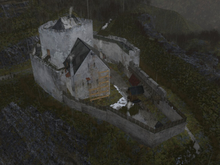 Alt Wolfstein Castle. You can see farm buildings behind the castle wall with wattle fence, the castle courtyard, the residential building and the residential tower behind the wall.