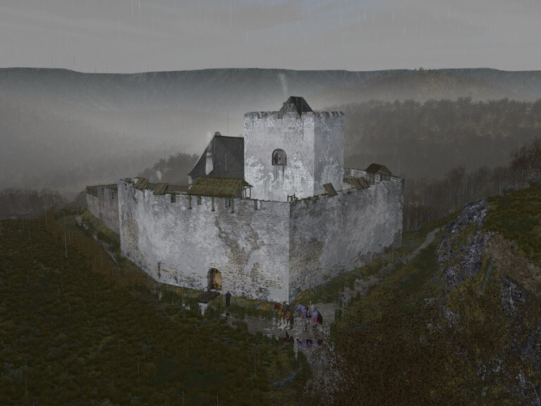 Alt Wolfstein castle seen from the north with the residential tower, and the gate in the cladding wall through which one reached the narrow castle courtyard. This gate could only be crossed on foot. Horses had to be kept on the bridle.
