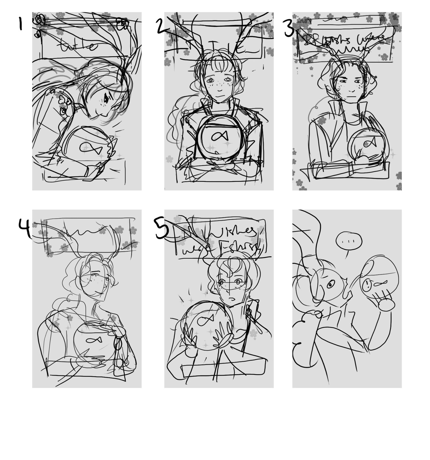 Several thumbnail sketches of possible poses based on the client's desired cover description. Once sent and chosen, I followed up with several progress pictures. 