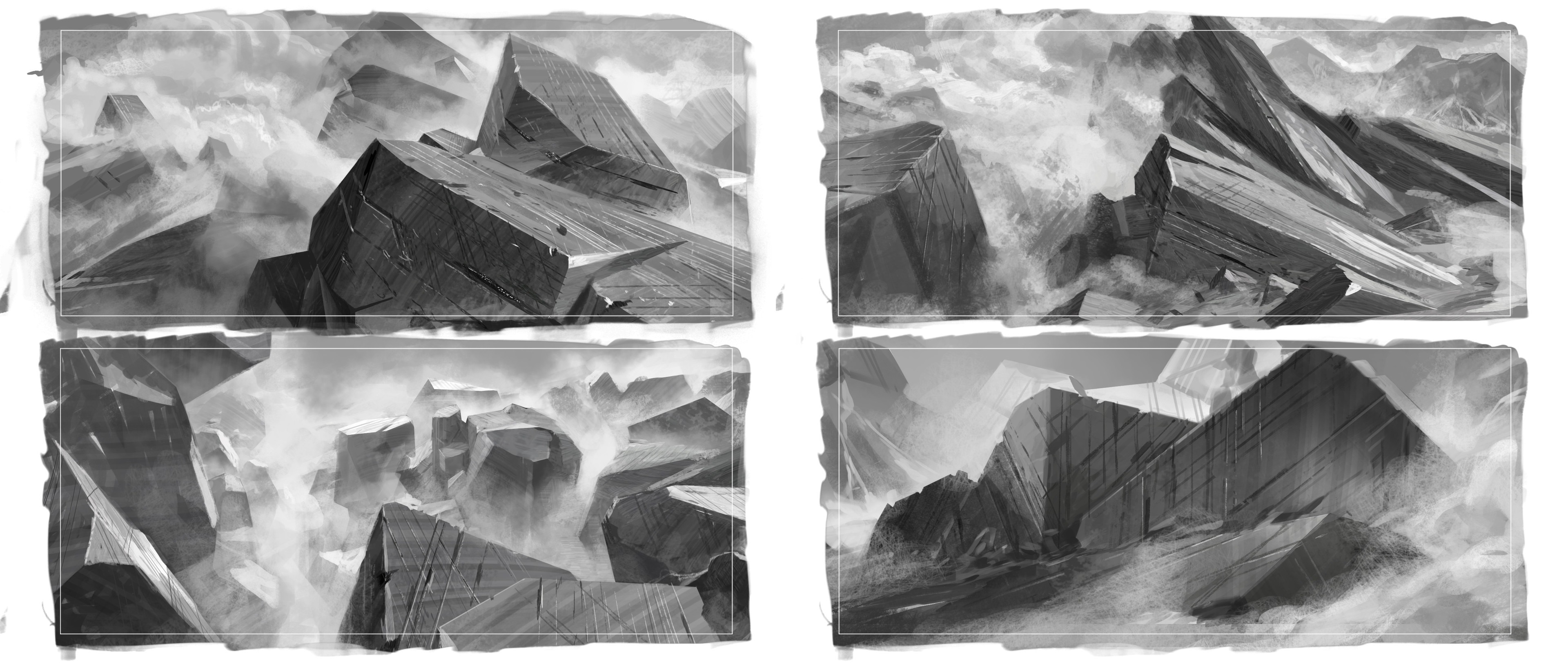More thumbnails. I might do as much as a dozen of these before settling on a few to take to a full-blown scene. 