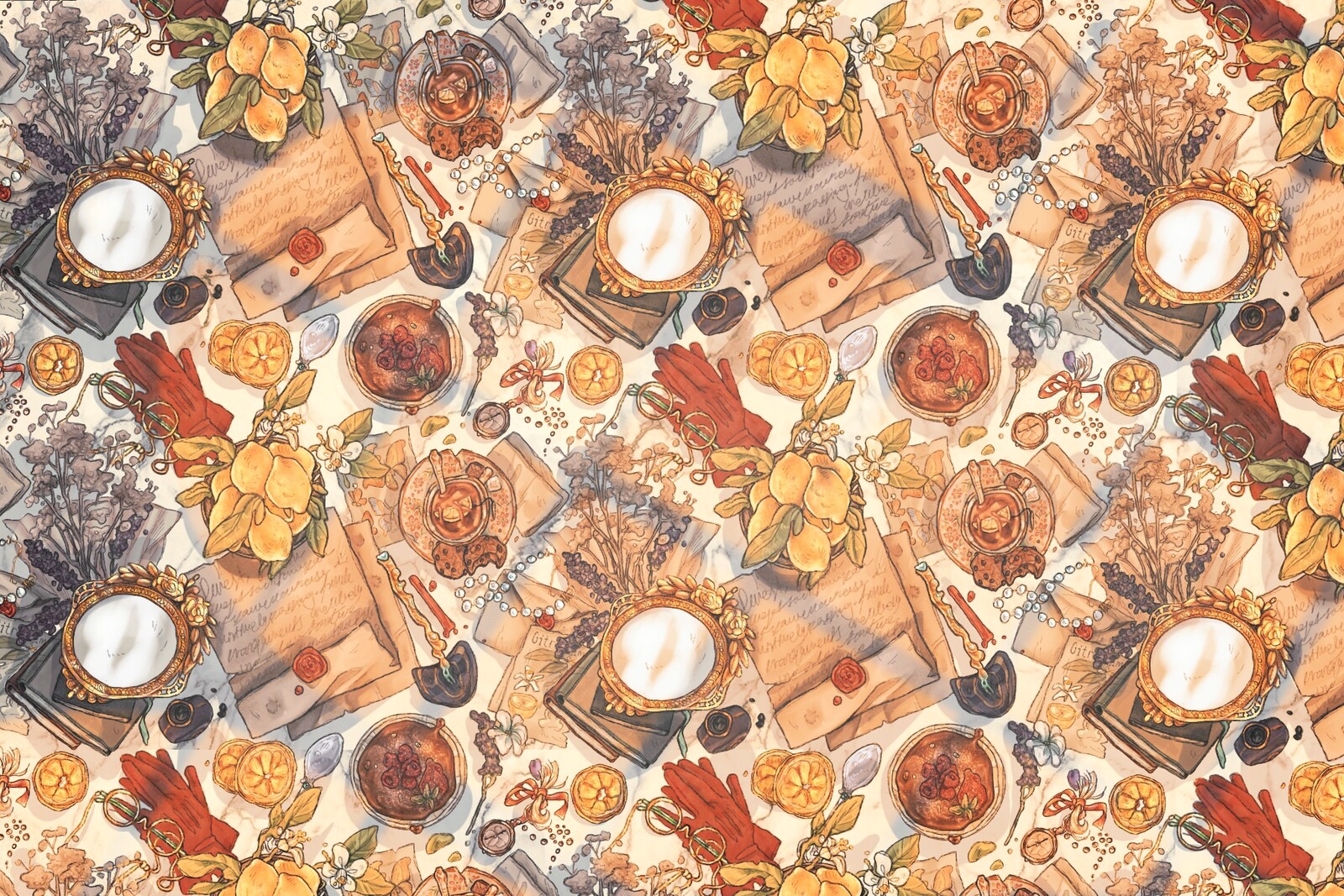 A pattern inspired by my personal project "The Hideaway". Hoping to create a timeless atmosphere with aspects from the Victorian/Edwardian era(or just vintage).