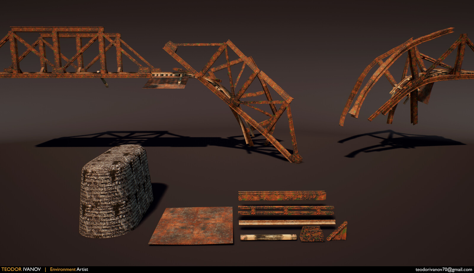 Modular pieces used to create the bridge and train tracks.