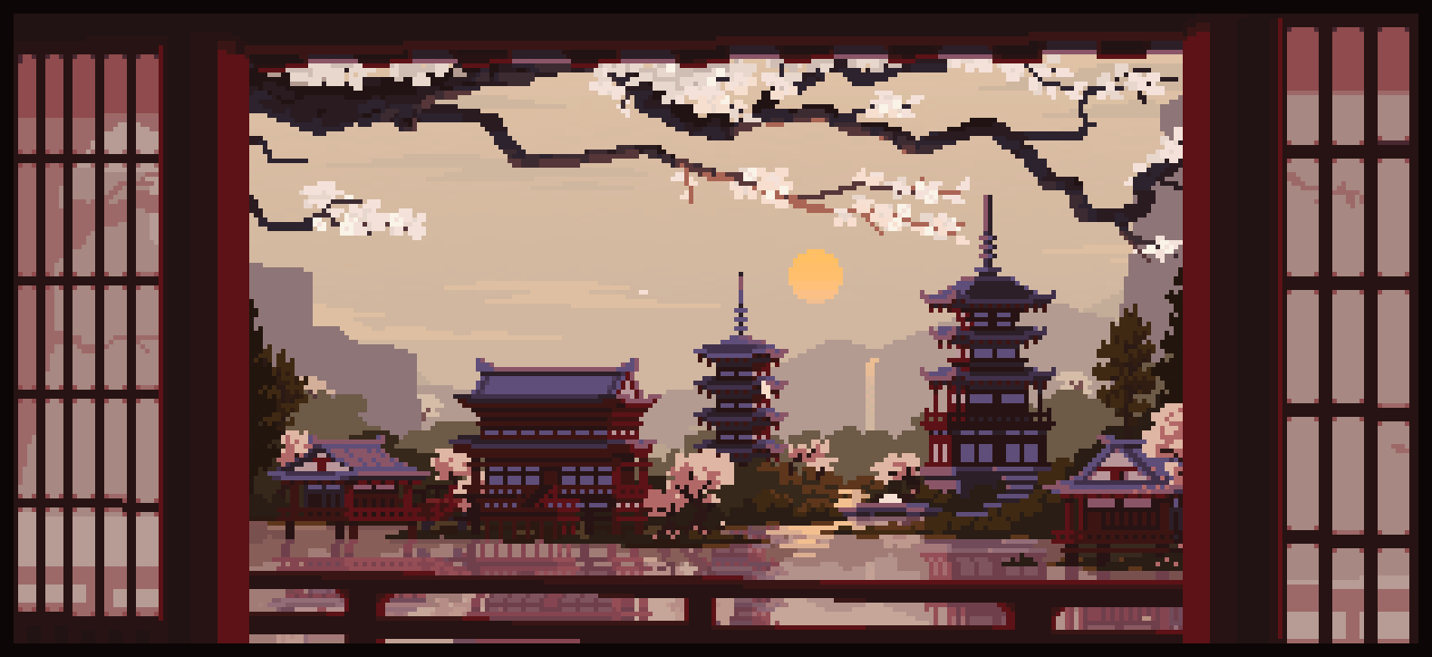 View over Japanese Temple in River Valley.