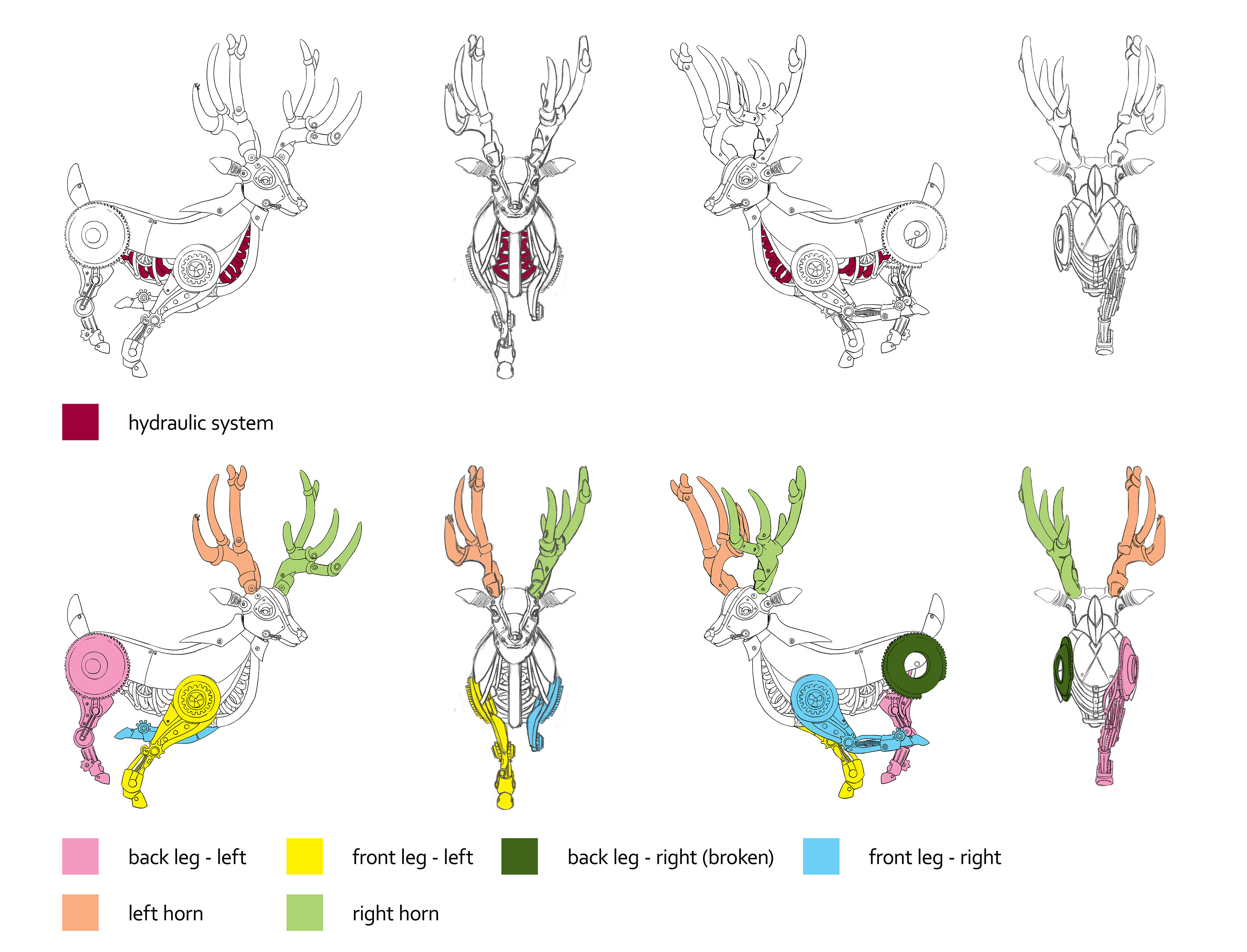 Turnaround with specific parts highlighted - White background