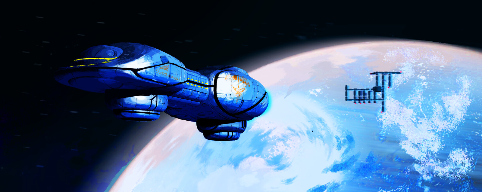Digital painting of spaceship leaving orbit 