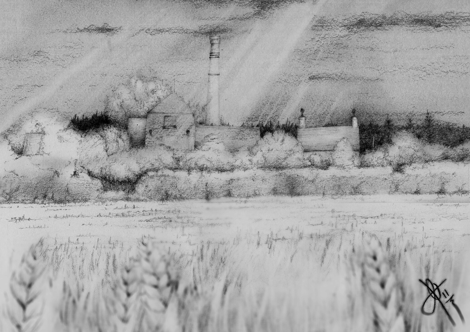 Landscape illustration of mill near Cambridge
