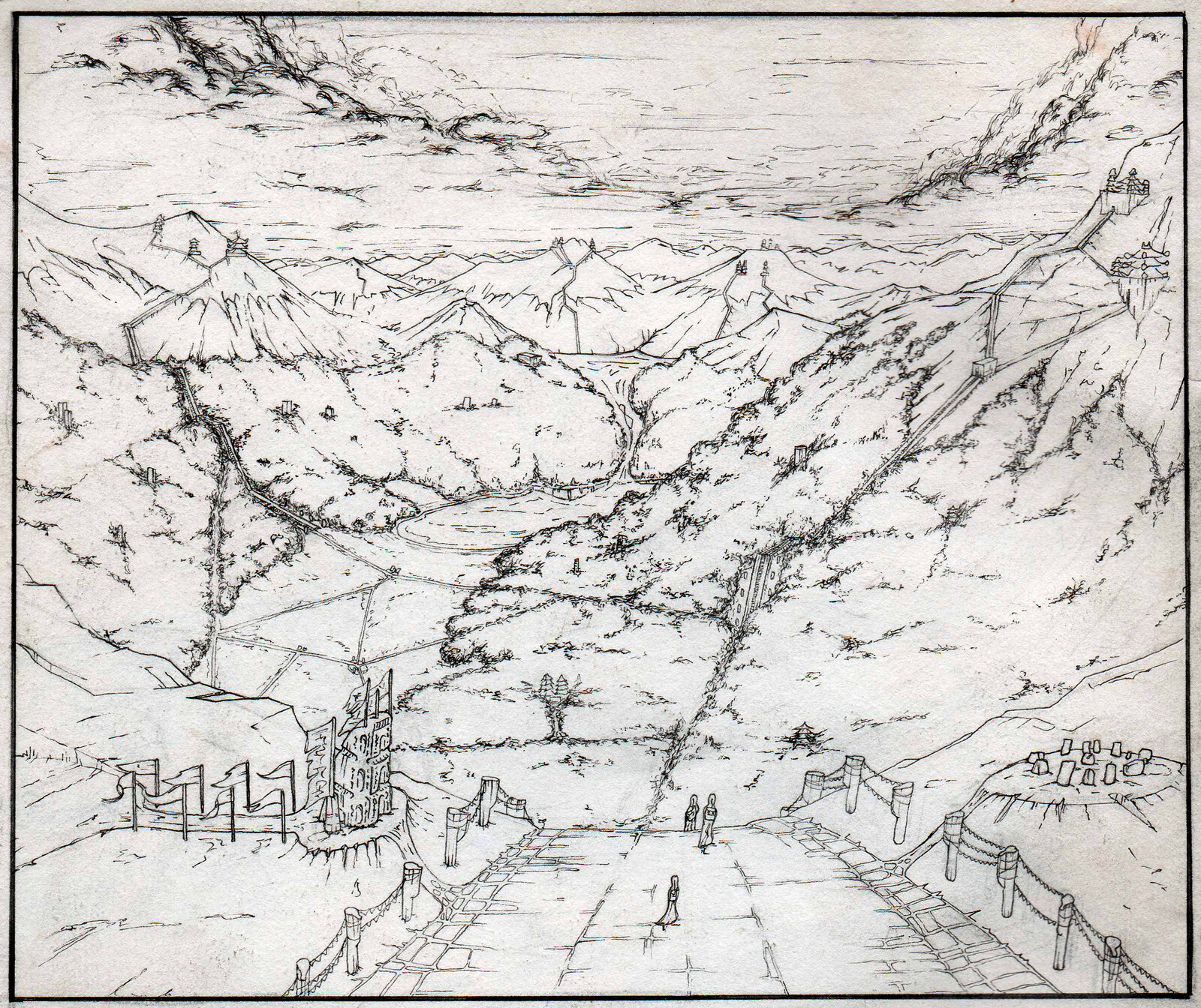 Pen illustration of fantasy landscape