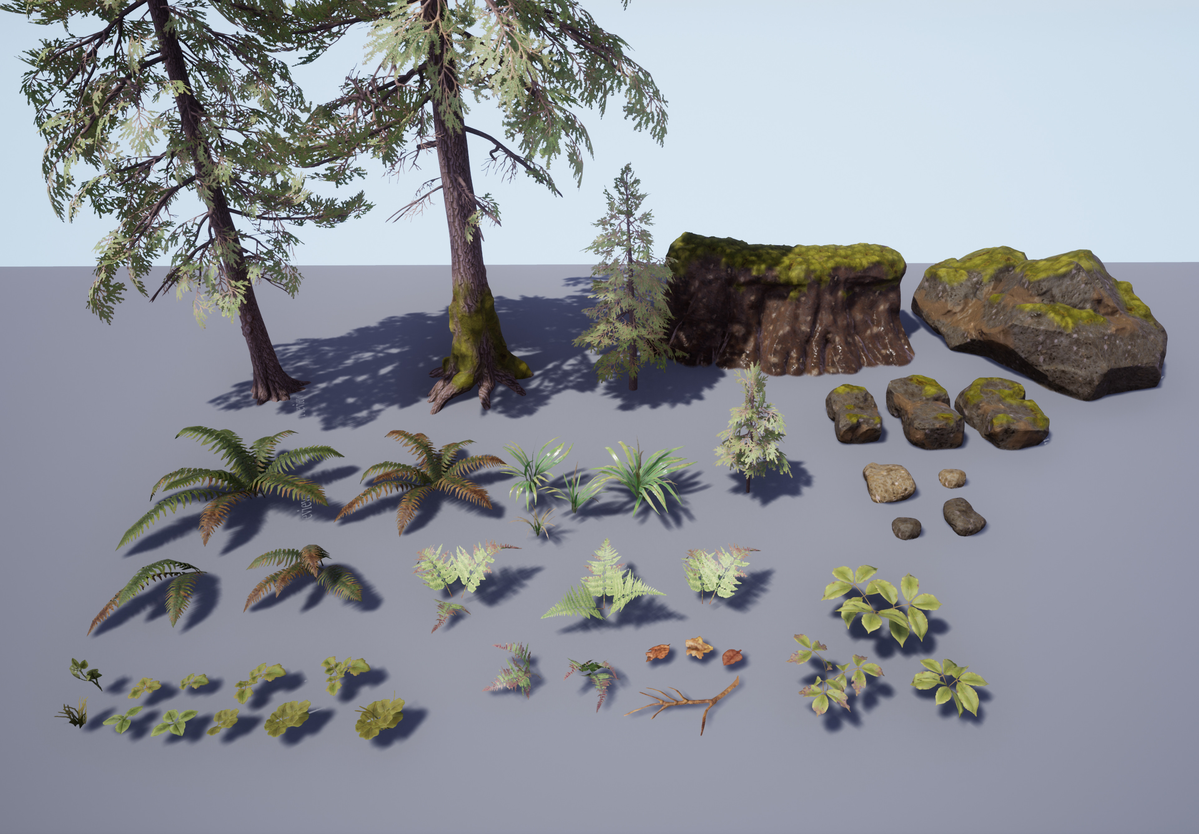some of the assets made for the scene. they were sculpted in zbrush and modelled in maya. I used vertex blending and tiling materials on larger surfaces such as the ground, rocks, and trees.