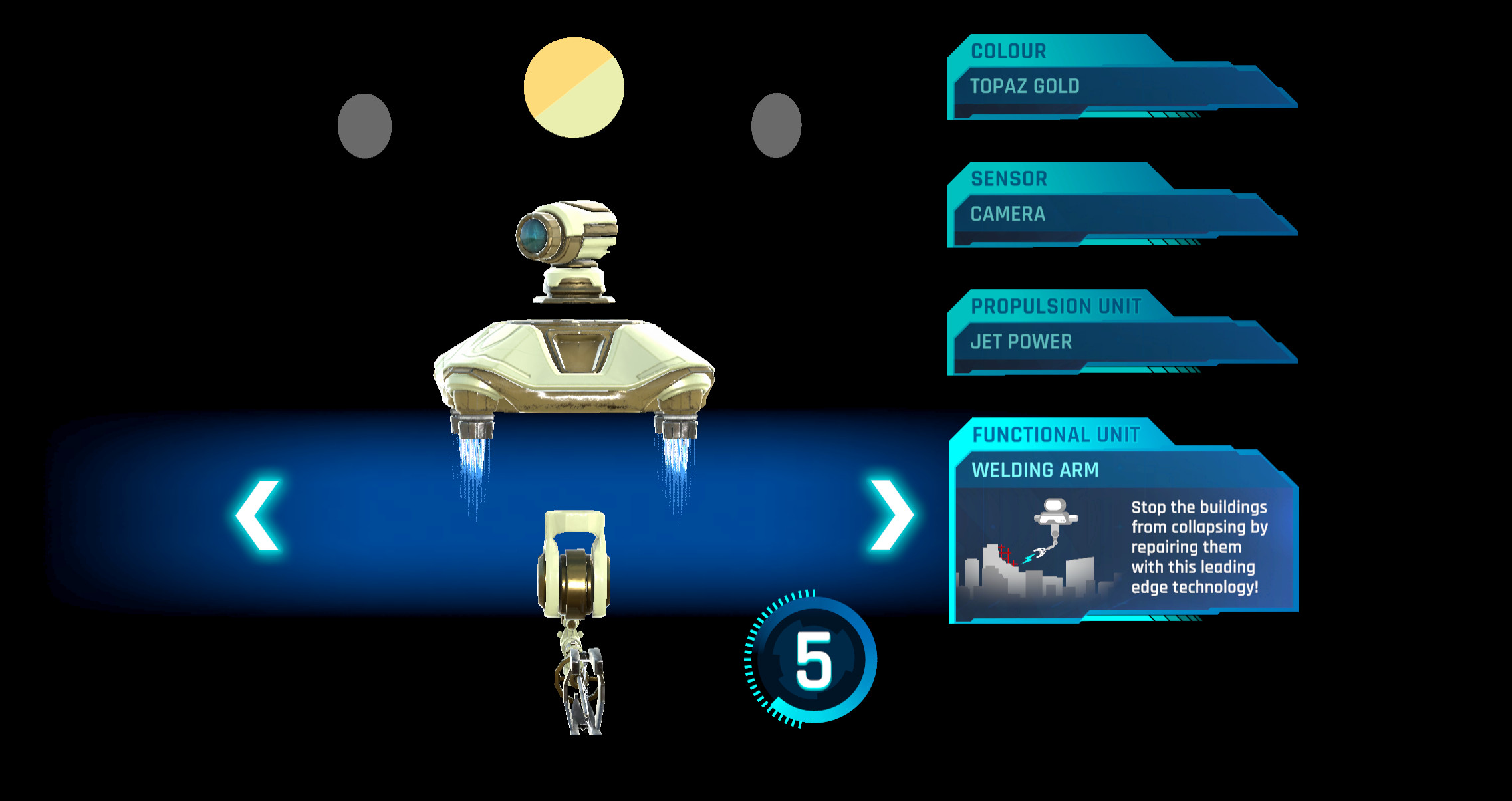Interface to guide the player through building their robot; they select the parts by using a joystick built into the table in front of them. The main challenge in XR is to take into account the 3D and physical space, as well as the absence of screen.