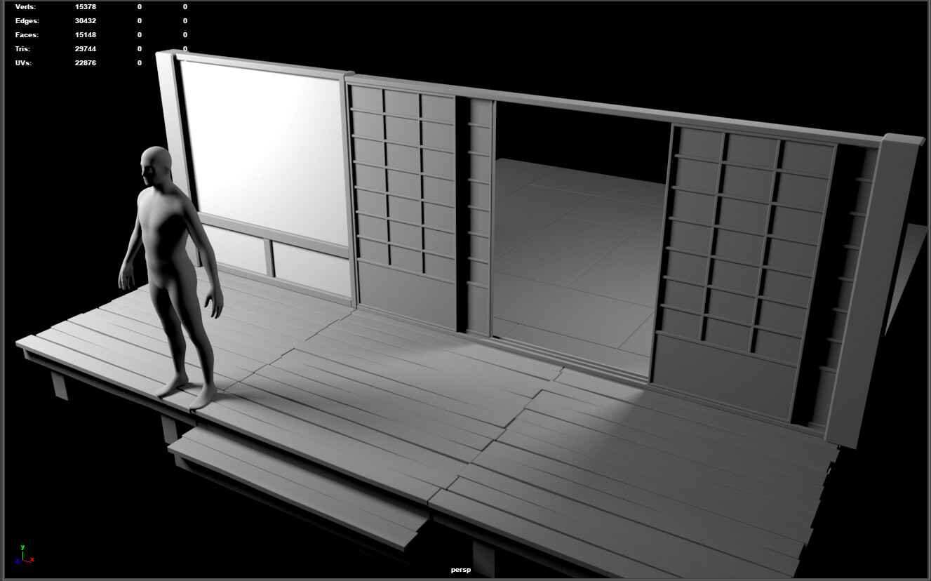 Building the base walls, shoji doors, tatami mats, and floor.