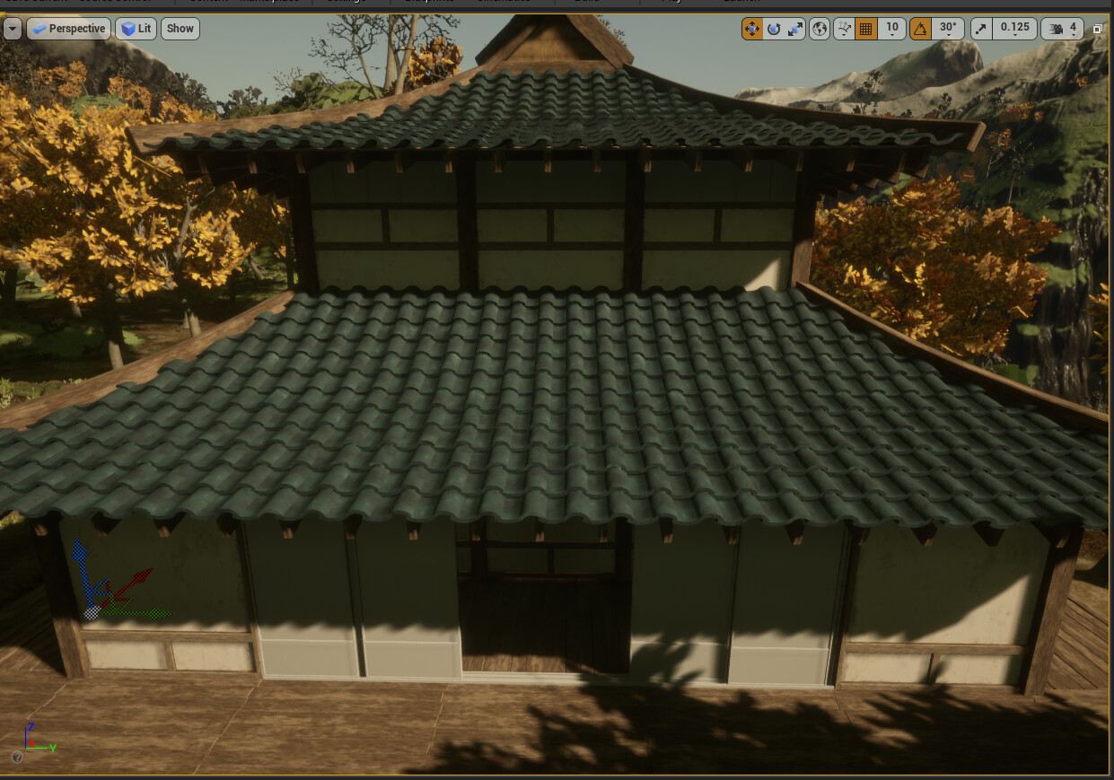 Clay roof shingle textures applied in UE4.