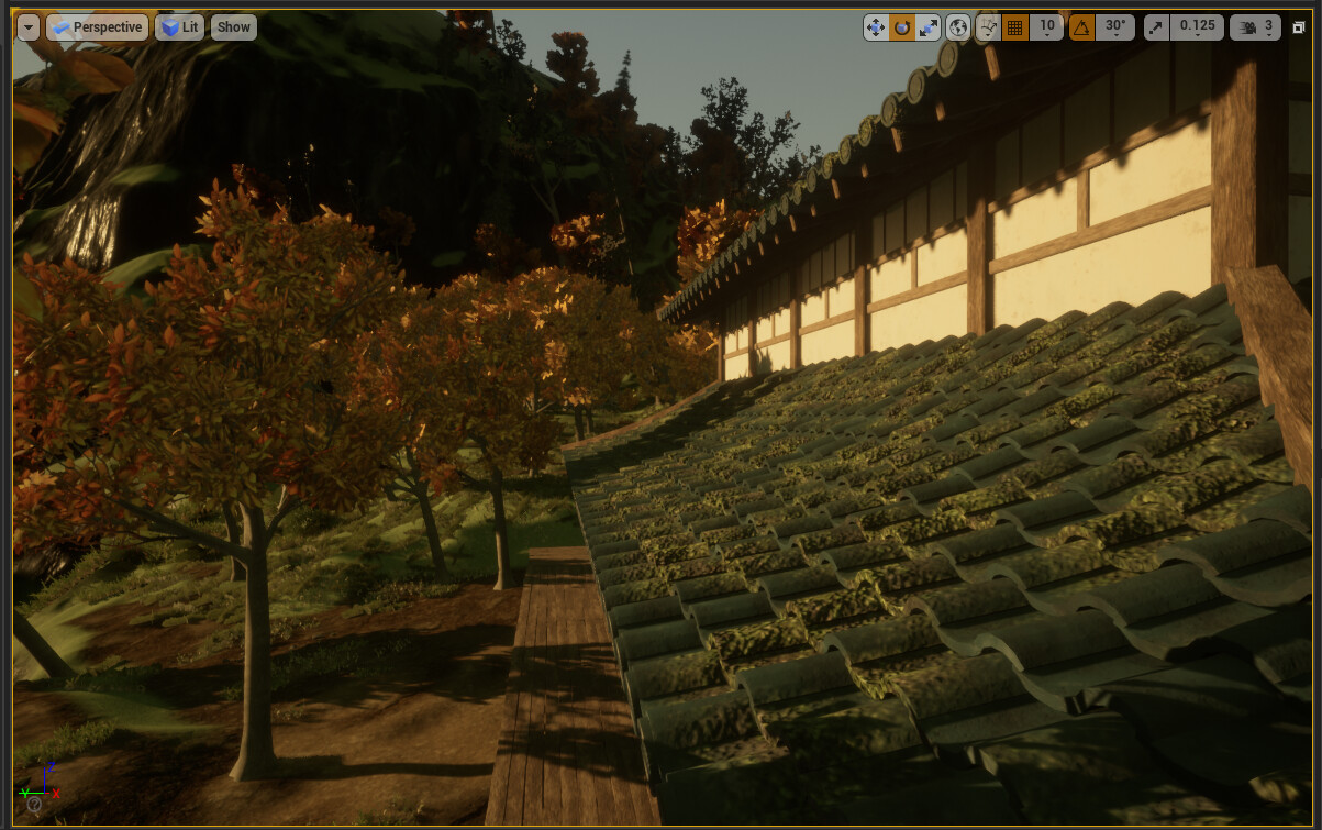 Used vertex painting to add some mossy texture to the roof, to give it some custom variation.