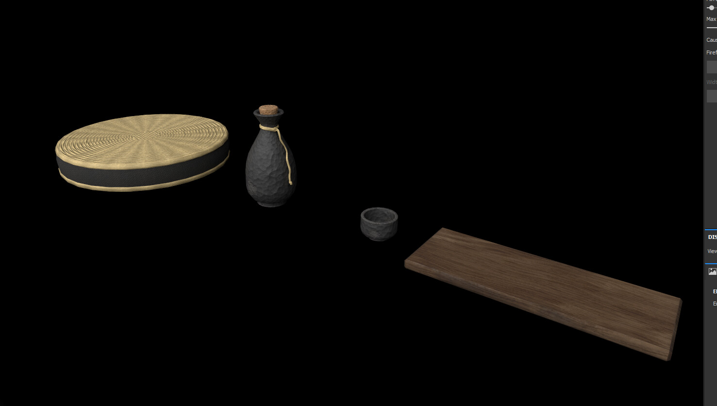 The tatami seat, the sake set, and the scroll (not pictured) are all one material. Taken out of Painter.