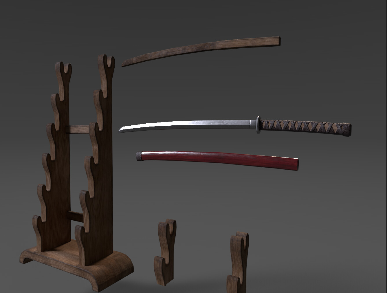 Substance painter screenshot of the sword and weapon racks. The sword, the practice sword, and the racks are all one material.