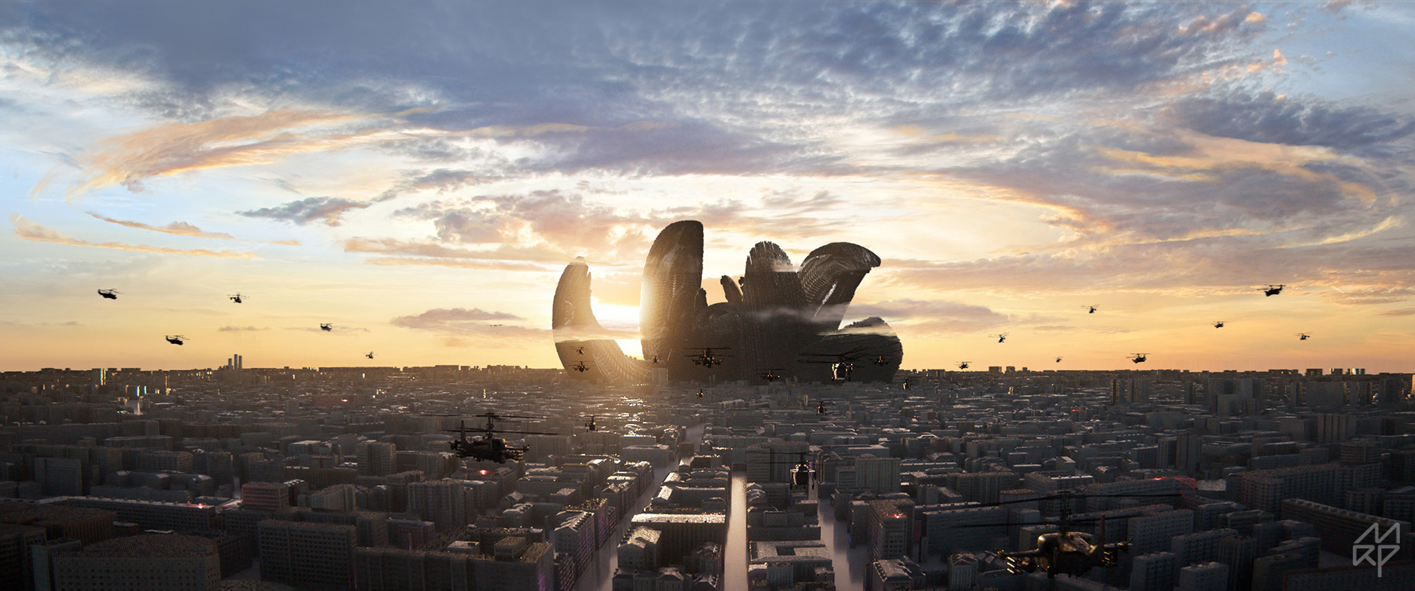 Here I made a matte paint of the sky for the shot. Looks much better in the movie actually, so here is printscreen :D