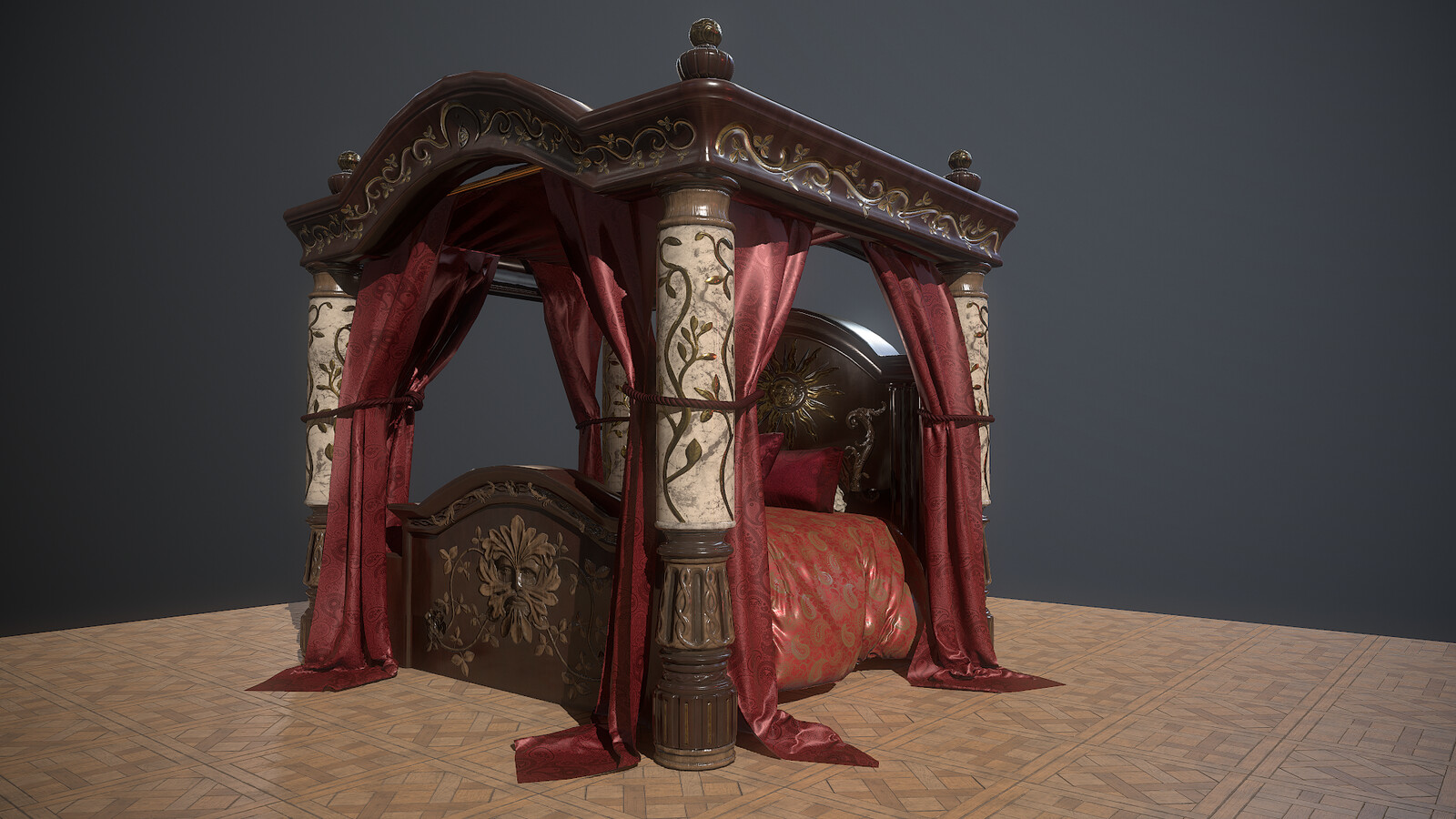 Canopy Bed. Base model in Max, sculpts in Zbrush, fabrics in Marvelous Designer, textures in Substance Painter and Photoshop. Rendered in Marmoset.