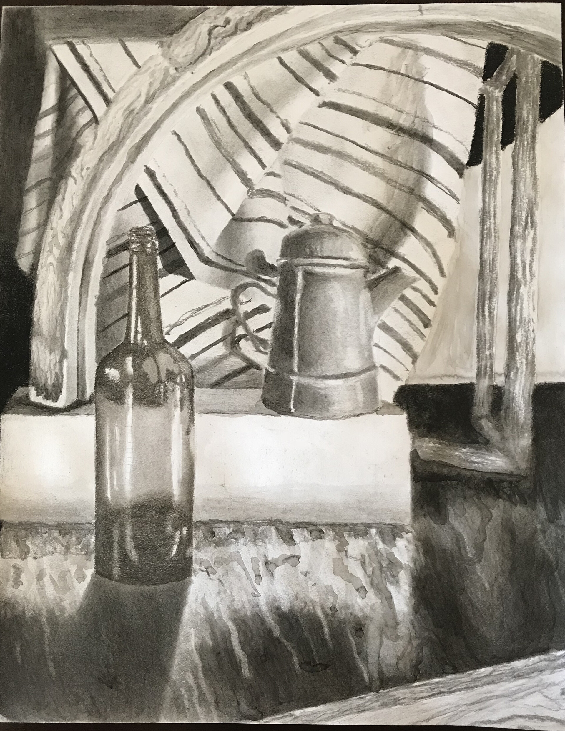 charcoal and india ink still life