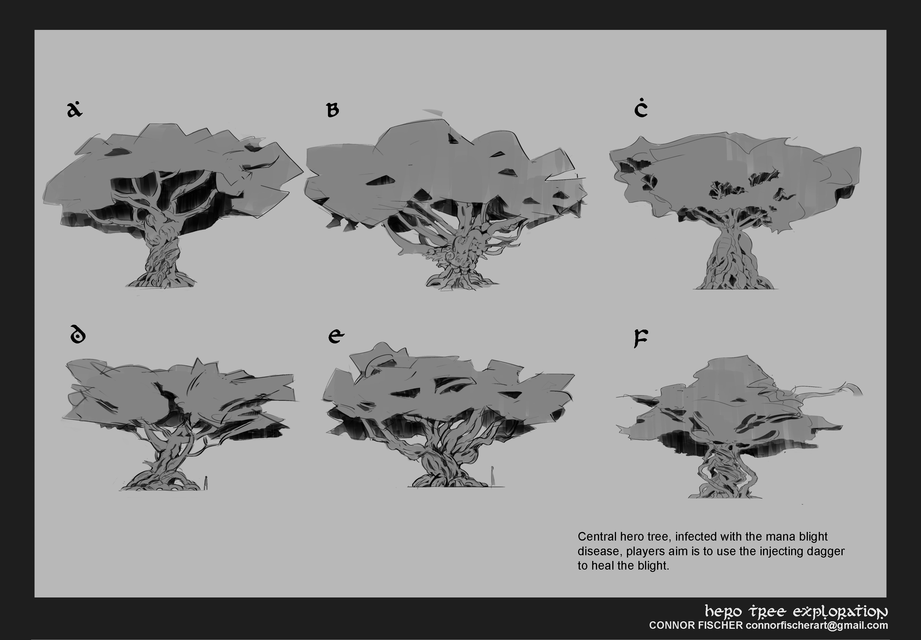 Sketches to figure out the direction and feel for the tree, I ended up liking B C and F.
