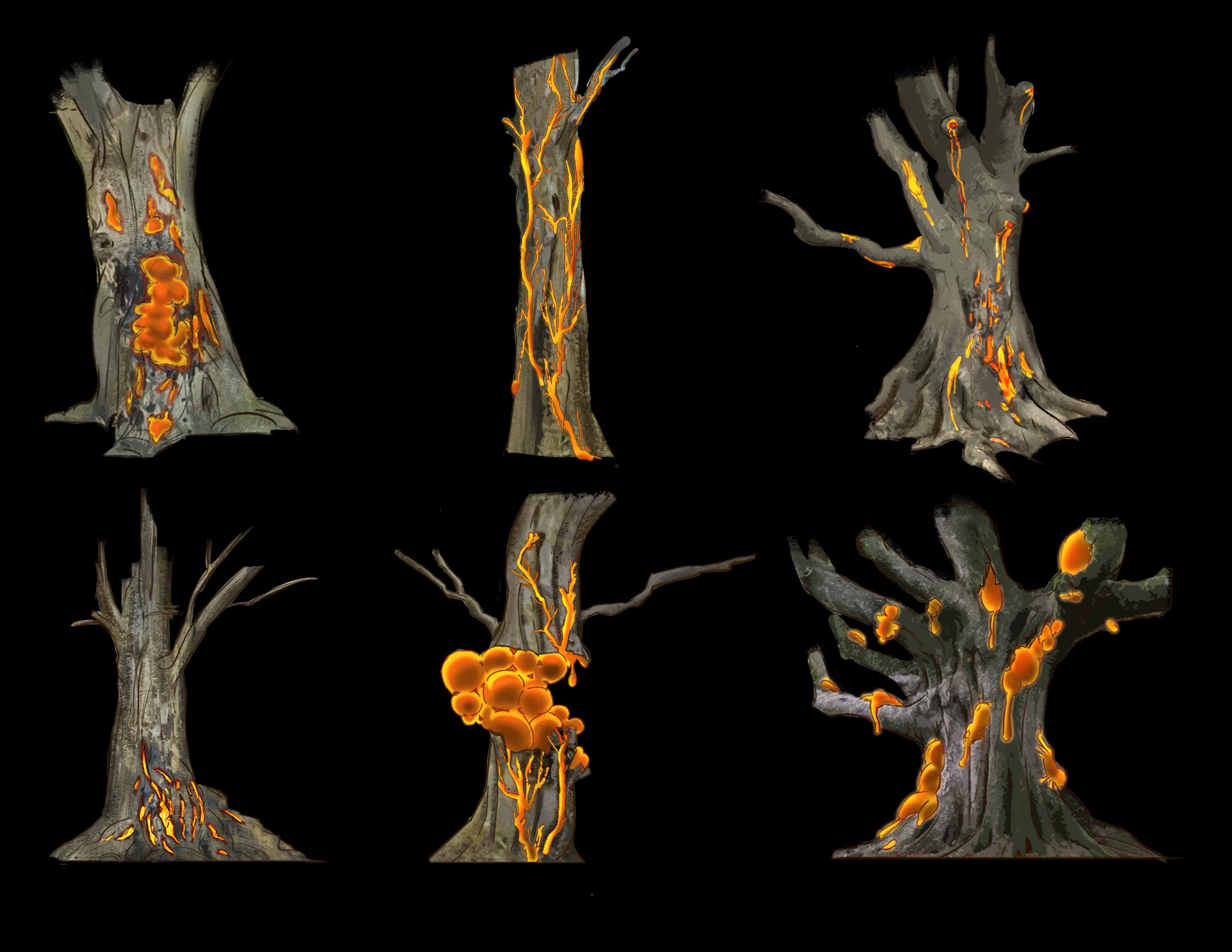 Early ideas of what a rendered version of the blight would look like, variations on how the mana blight disease could effect the tree.