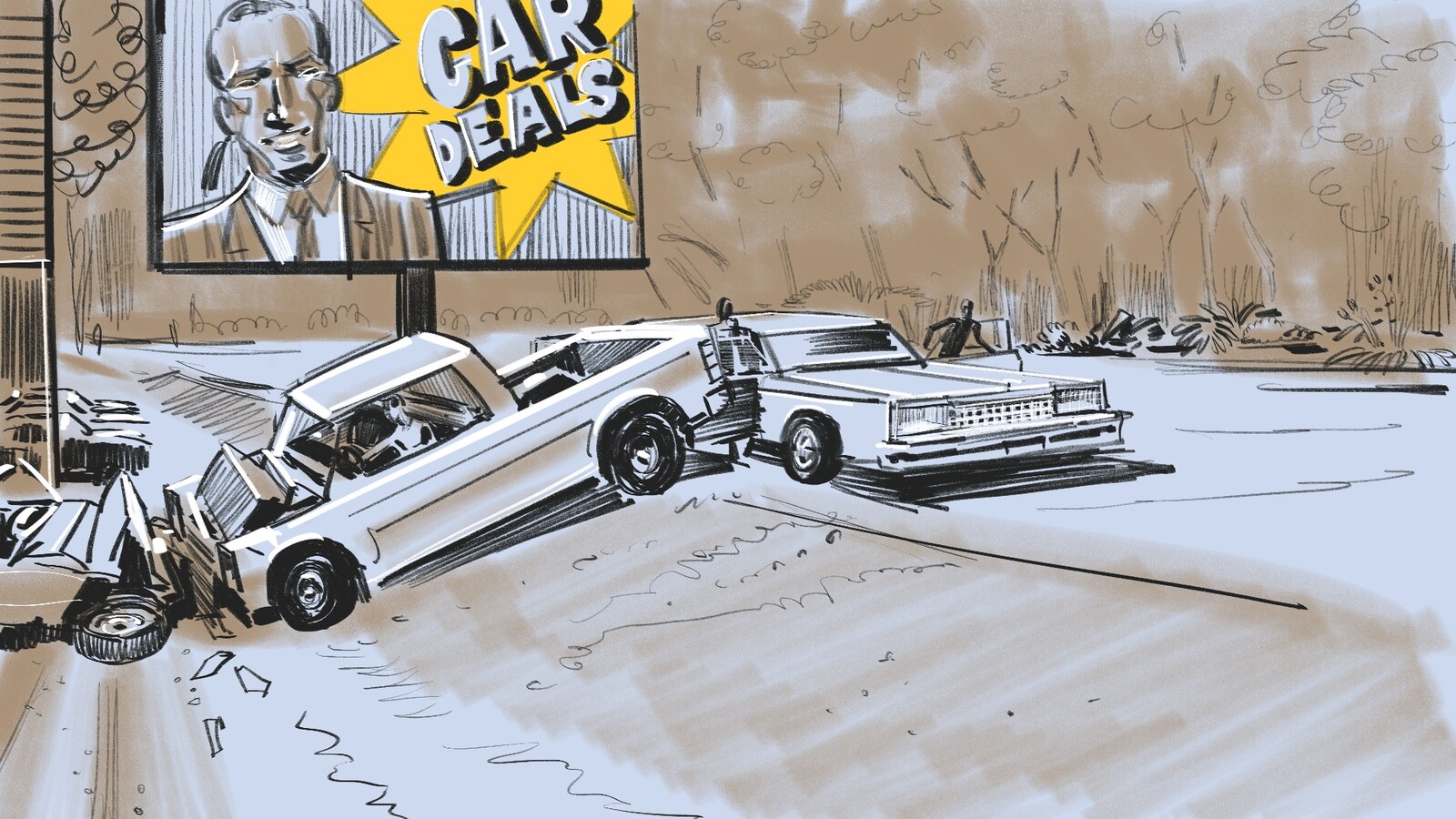 FRAME #38 -WS-Side, Profile-Floating: Ford truck is blocked by 67 Cadillac. Bear and Rabbit hop out.