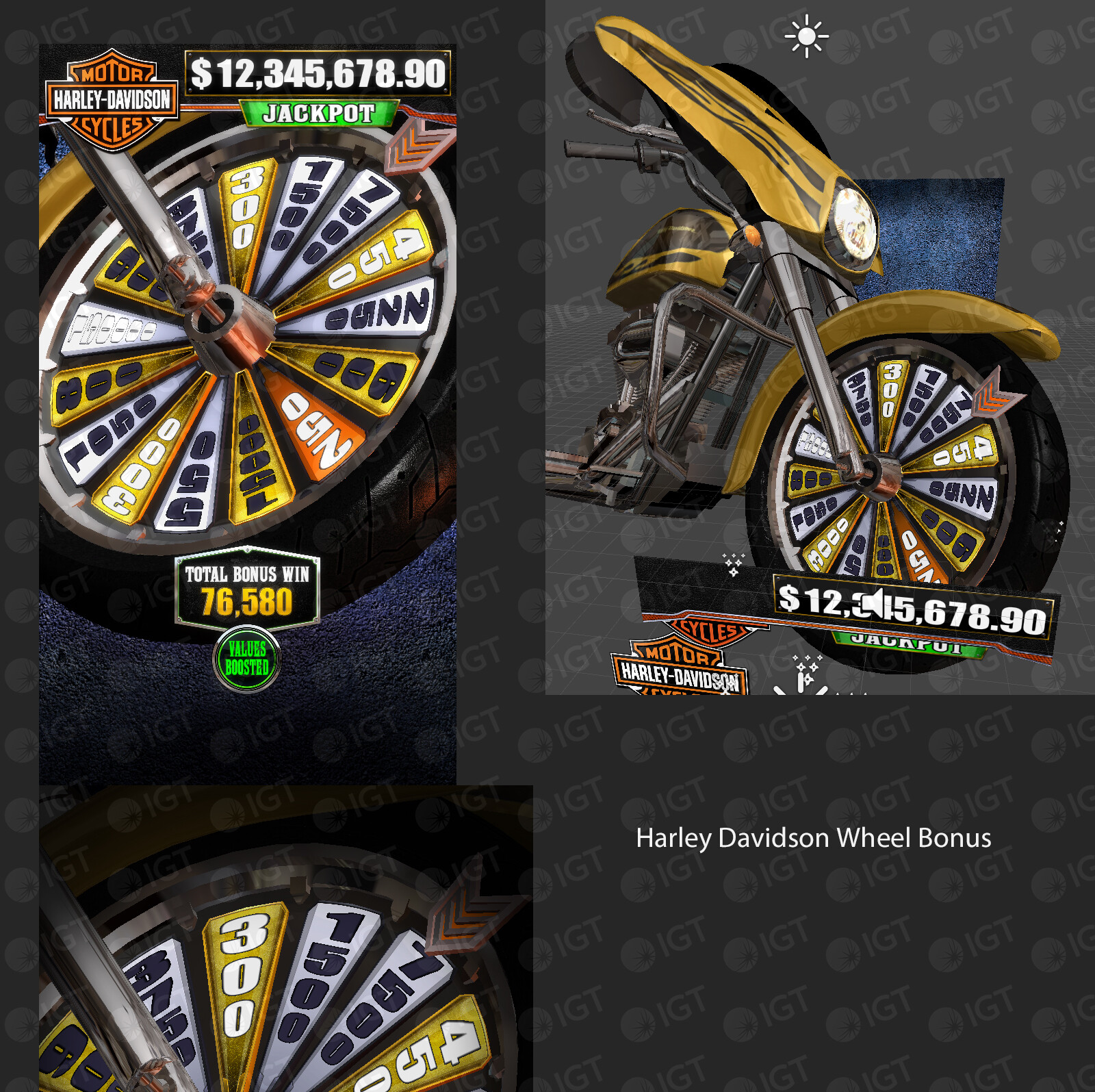 3D Elements I created for the wheel bonus. Bike, wedges (and animations), and pointer. TL is main upper screen, BL is the panel by players hands, and TR is the view from inside Unity.