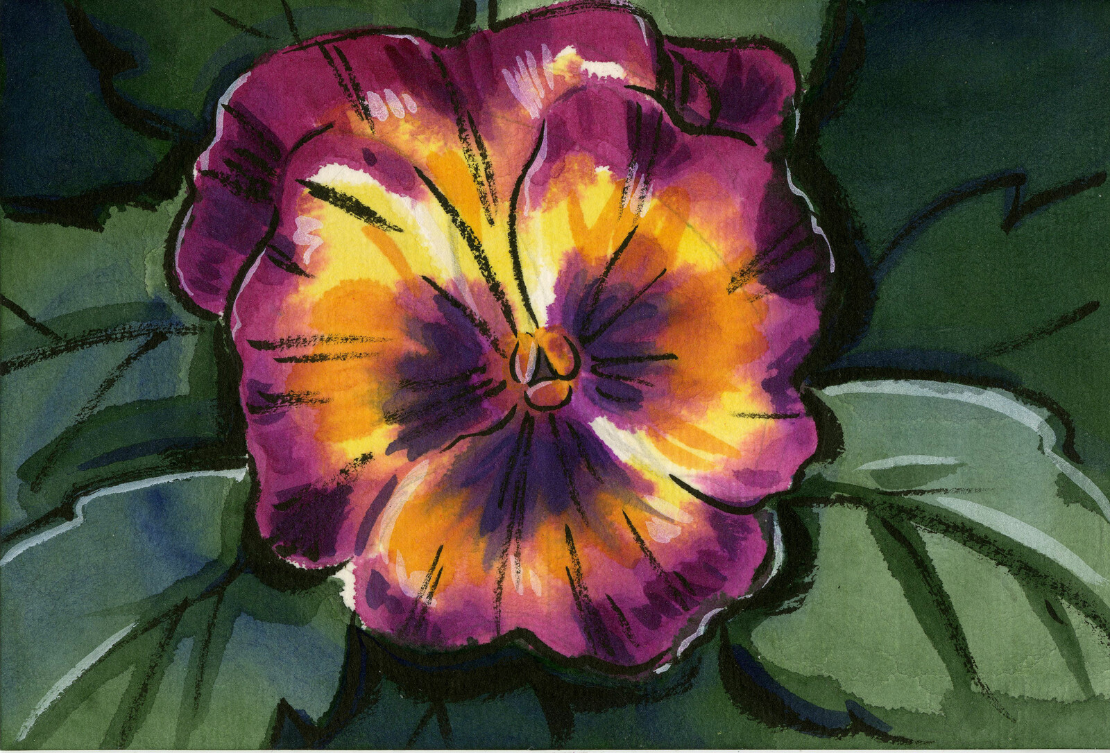 Etegami watercolor postcard of a pansy flower.  Original reference photo is mine.