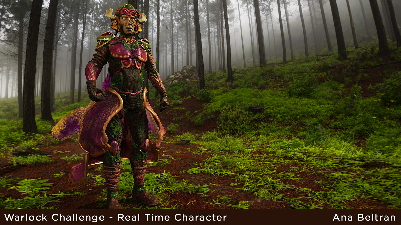 Character rendered in Unreal Engine 4 with a forest HDR background