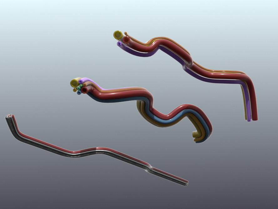 Procedurally-generated piping; the piping path and the individual pipe profiles and the grouping are each generated procedurally, so they cal all be managed and altered in real-time independently 