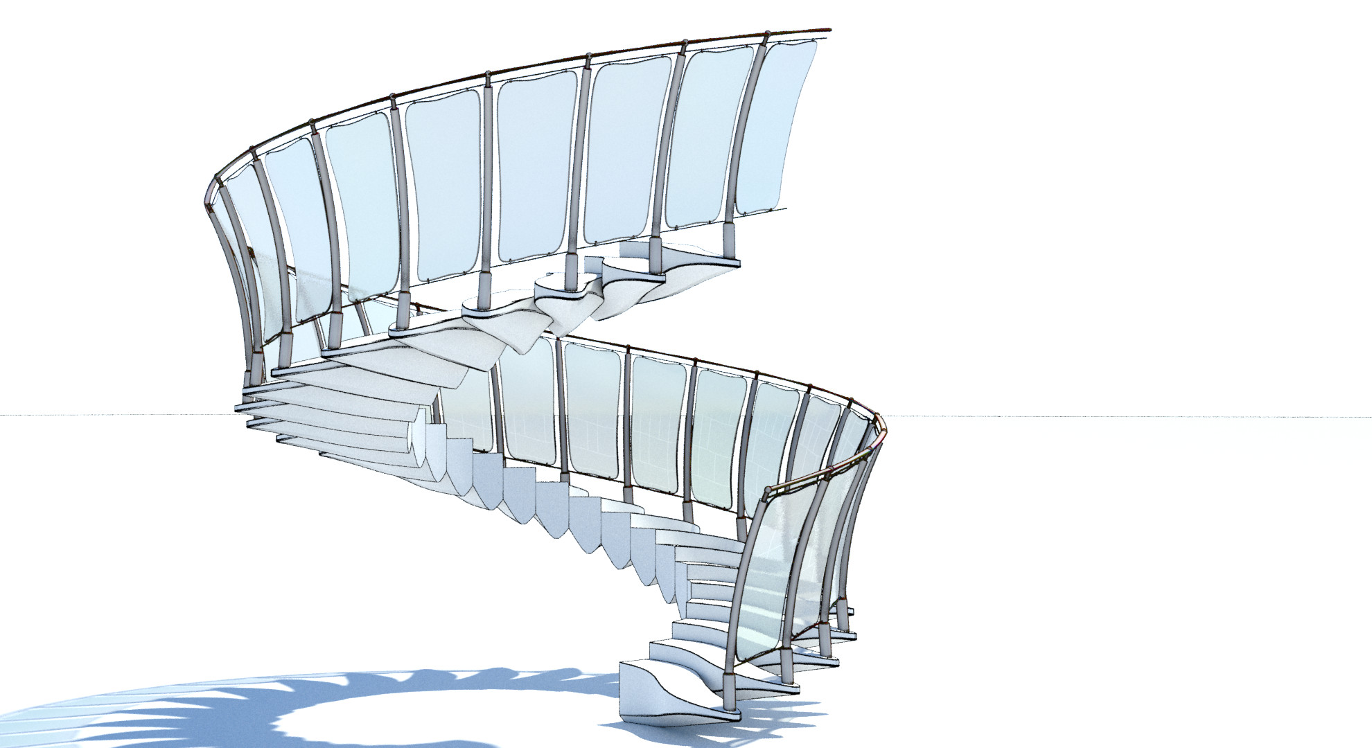 Procedural spiral stairs - each element type is contained in a separate source mesh, which is then procedurally replicated and transformed; some of the geometry is also procedurally adjusted on-the-fly for best design  - entire stair view cel edge shader