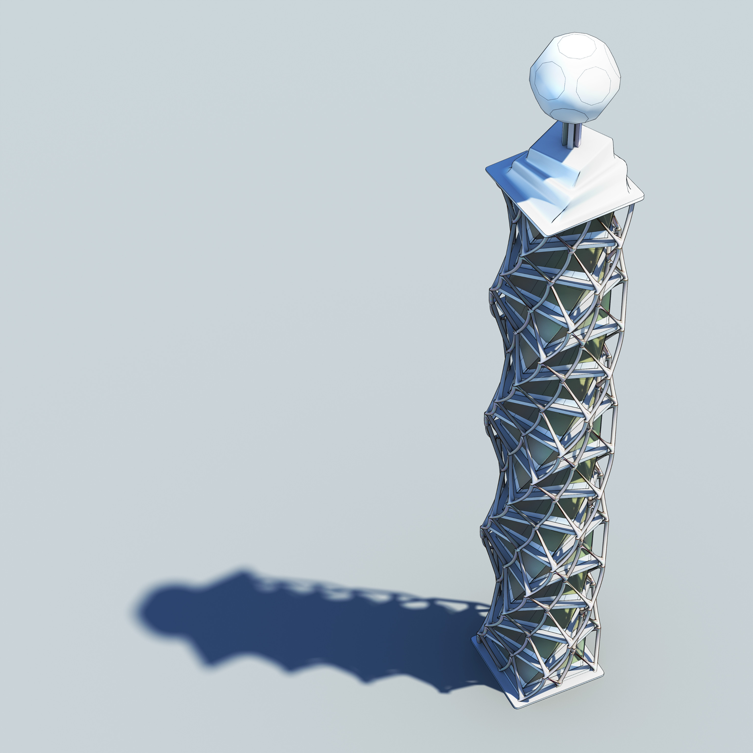 Procedurally-generated twisted tower with procedural external structural grid - bird's eye view - cel edge shader