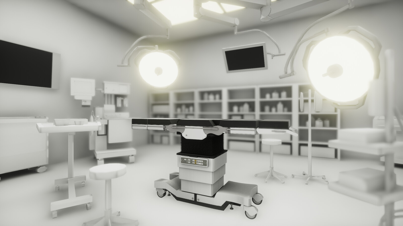 Operating Table inside the Unity game engine in an operating room block out. The table has been animated with blend shapes to lower and change angles.