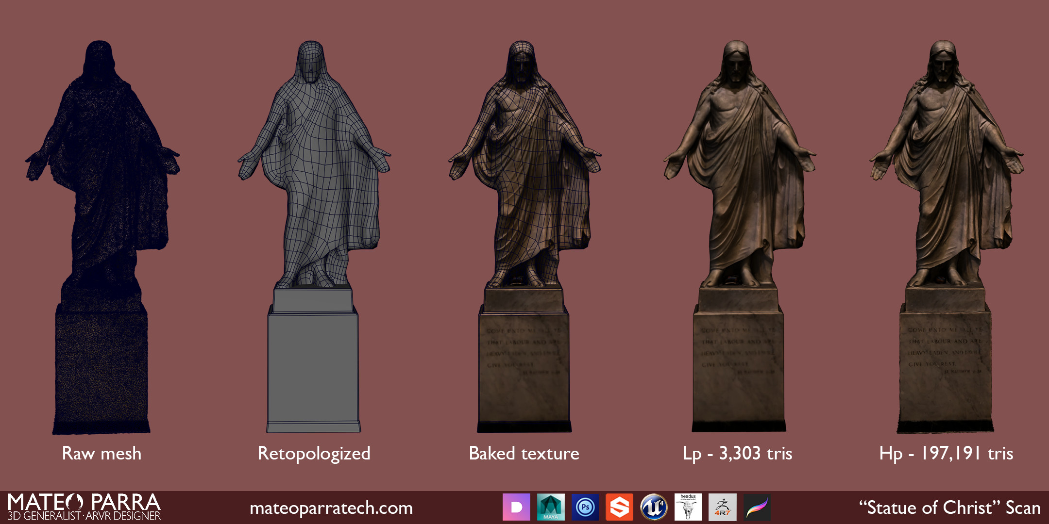 Once you import the raw mesh you got from the 3D scan, since its very high poly and not clean, I retopologized it in ZBrush to save some time and then created its UV's with Headus UV Layout. Then I baked the texture from the raw model onto the new model.