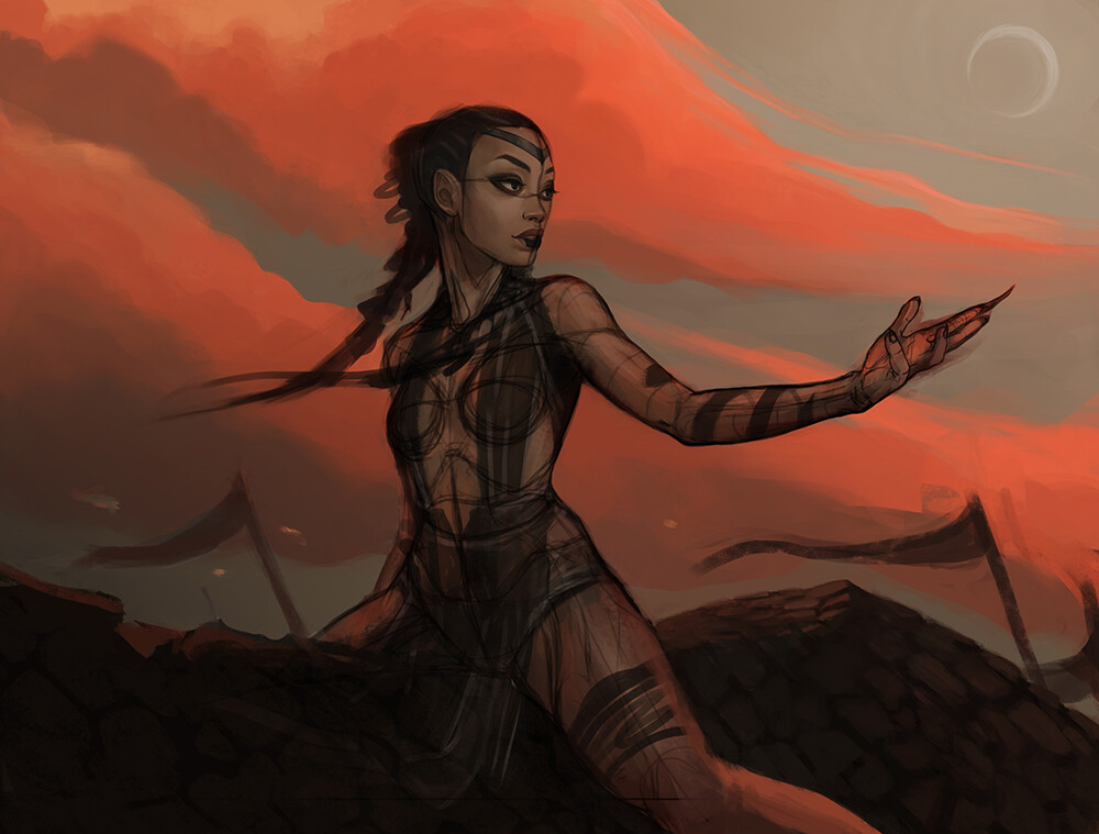 She is the duskbringer so have some sunset clouds! Bam! Drama! 