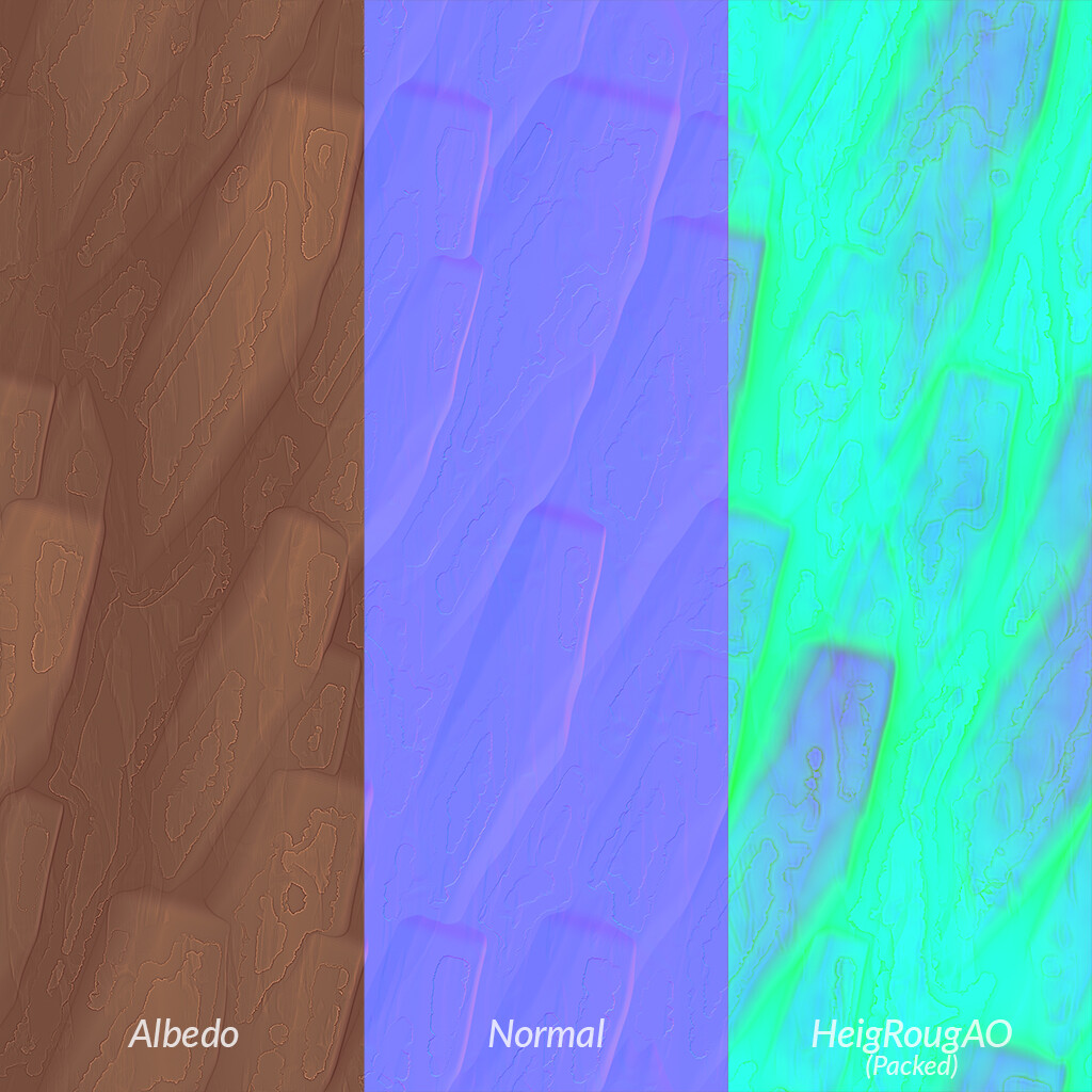 The Height, Roughness and Ambient Occlusion maps are pack into one to optimize resources in Game Engines ;)