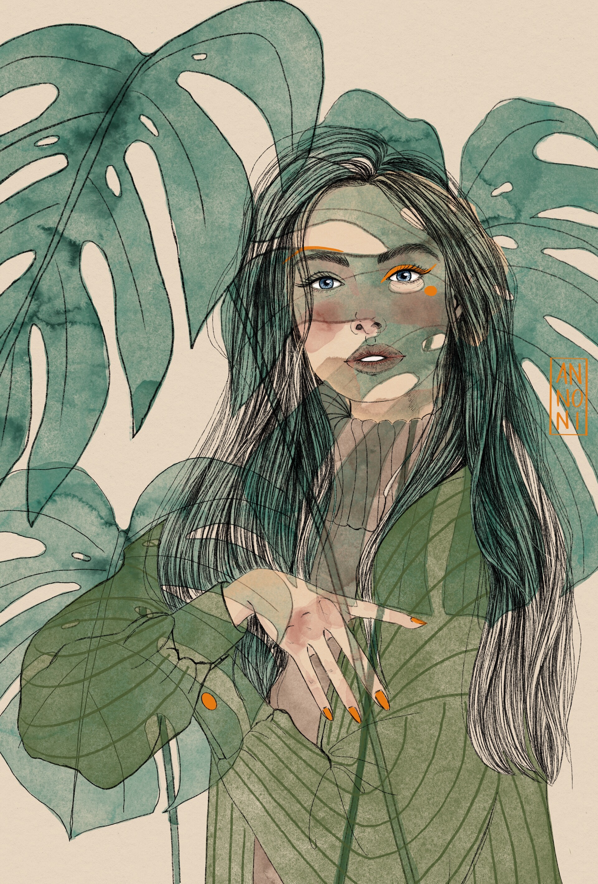 - Watercolor-ish plants and woman