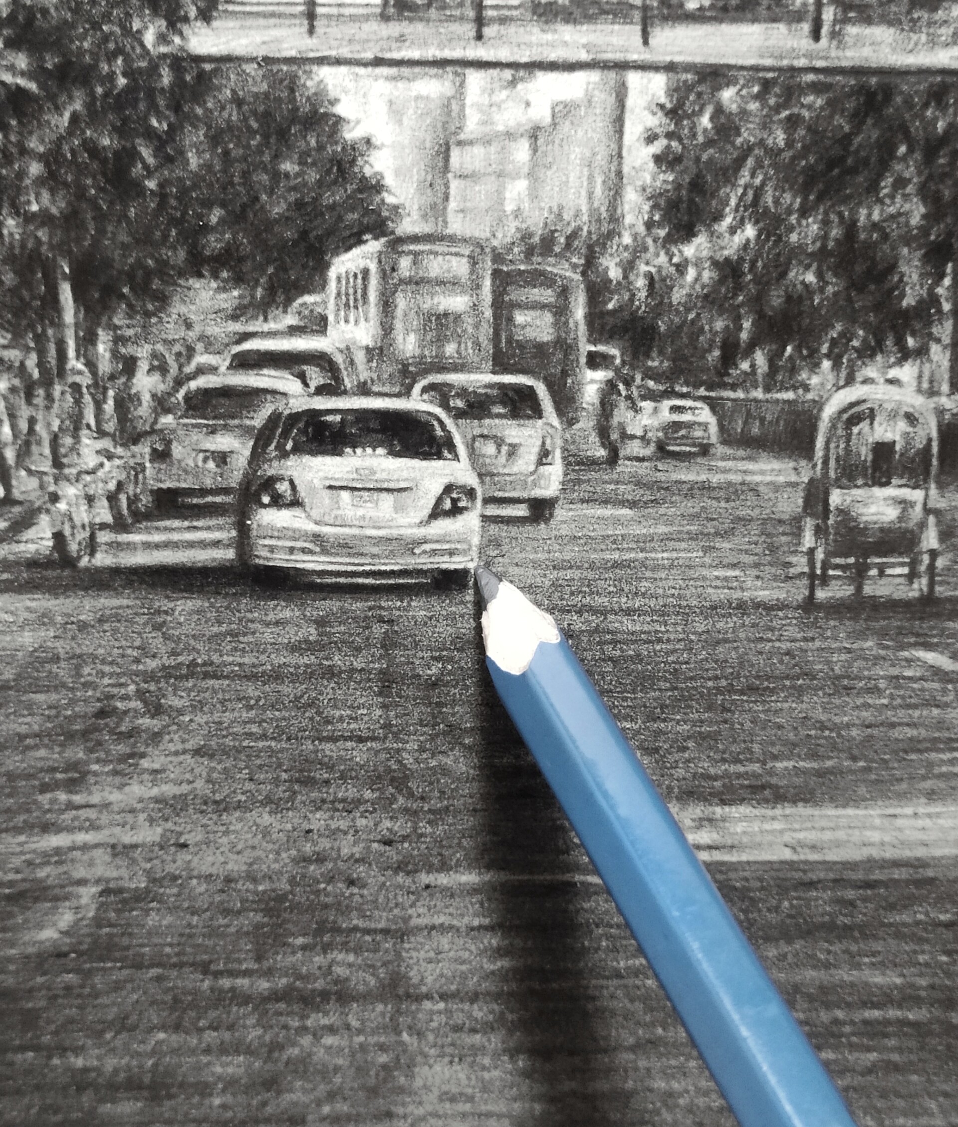 Premium Photo | A drawing of a busy street scene with people and a ferris  wheel in the background.