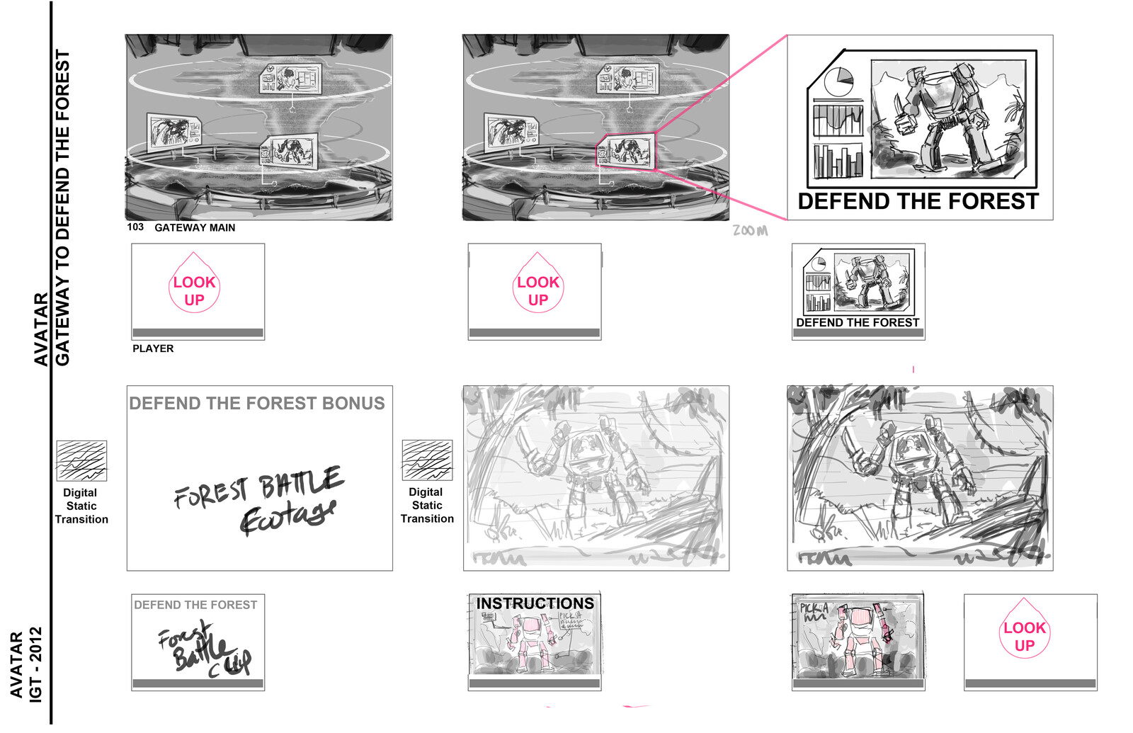 Storyboards showing the Player screen (small) and the Group screen (large) when a bonus was triggered which multiple gamblers would share the winnings. These were to help guide the 3D artist with camera moves and timing.