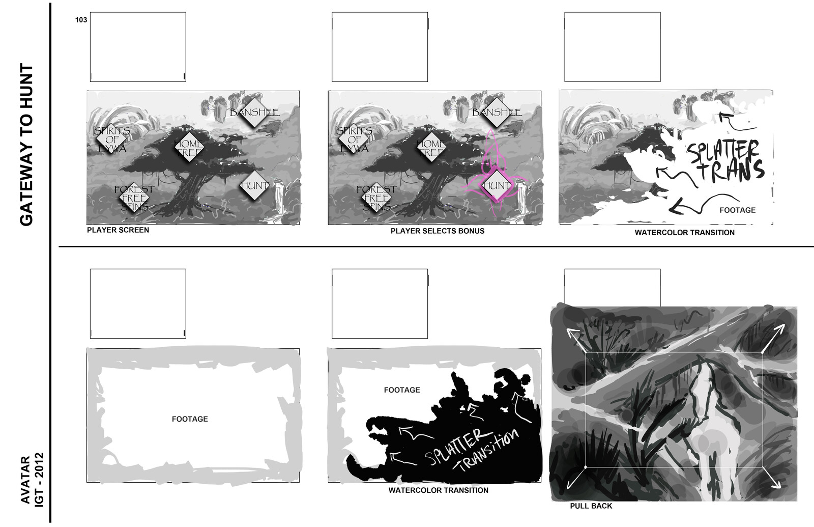 Storyboards showing the Player screen when a bonus was triggered. These were to help guide the 3D artist with camera moves and timing.