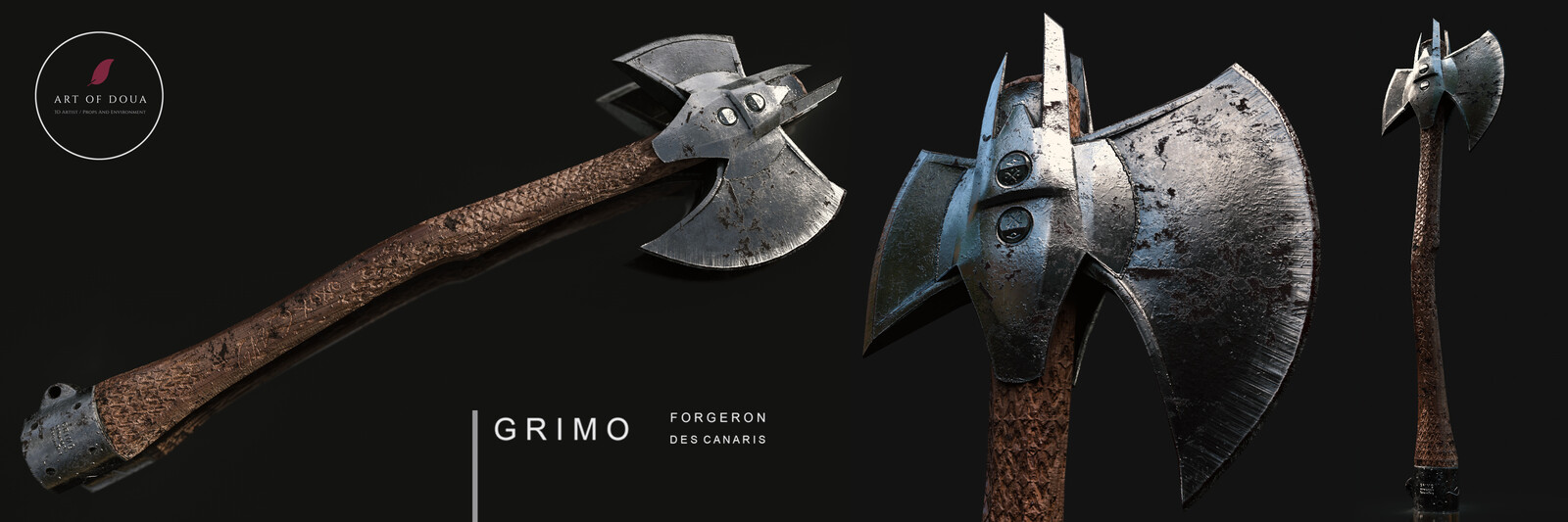 This ax was crafted by GRIMO the best blacksmith from the Canaris Island. Later the ax was collected in
 battle by Captain Gabriela .