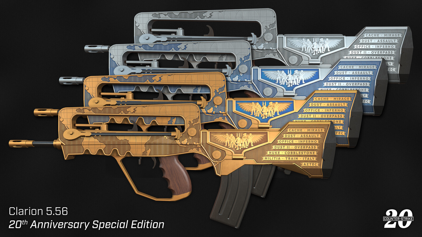 Published Colour Variations. (Only the gold version was added into the game) Rendered in Marmoset Toolbag 3.