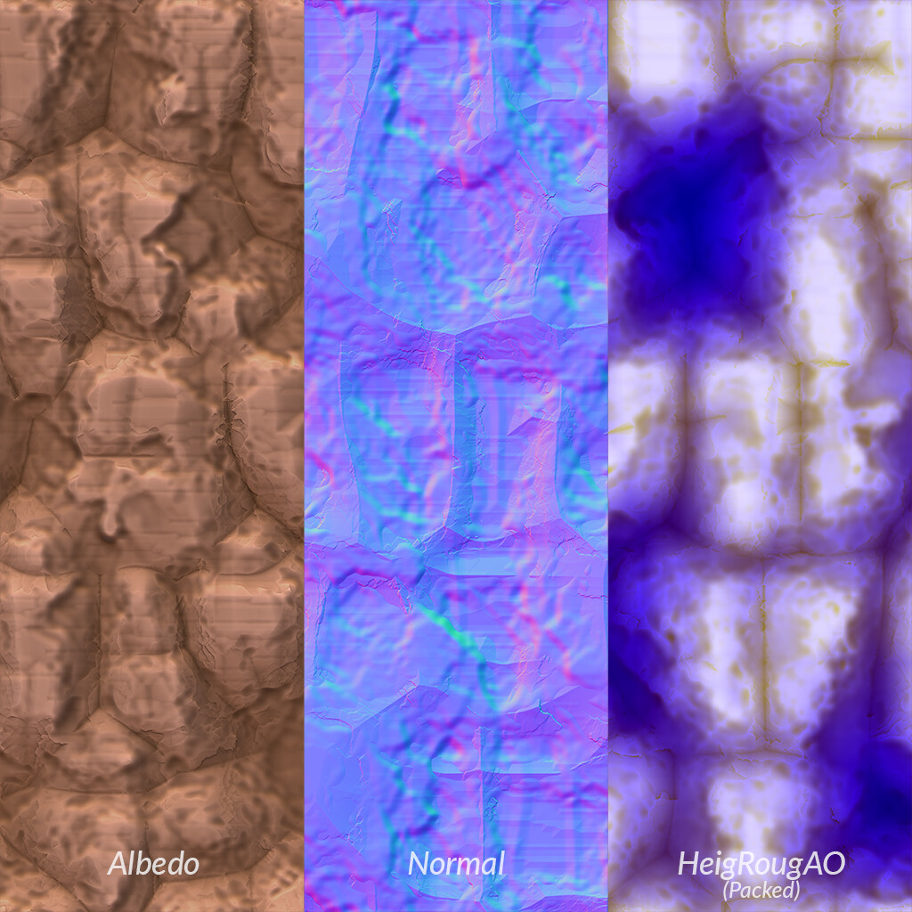 The Height, Roughness and Ambient Occlusion maps are pack into one to optimize resources in Game Engines ;)