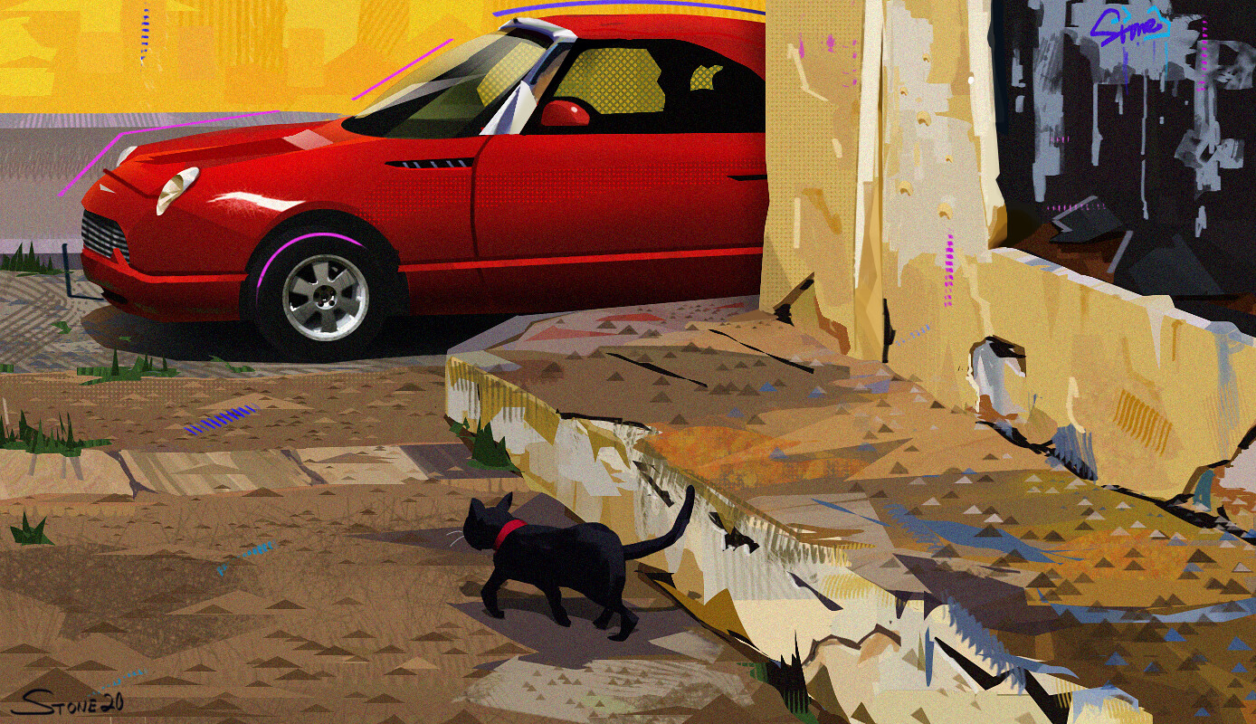 John Stone No Texture Study The Black Cat And Red Car