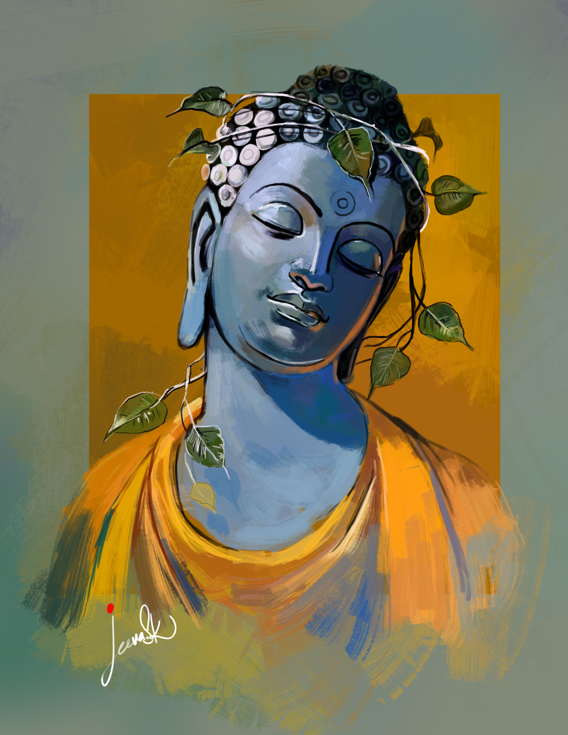 Transcendence in Charcoal Captivating Buddha Sketch Print on Mustard