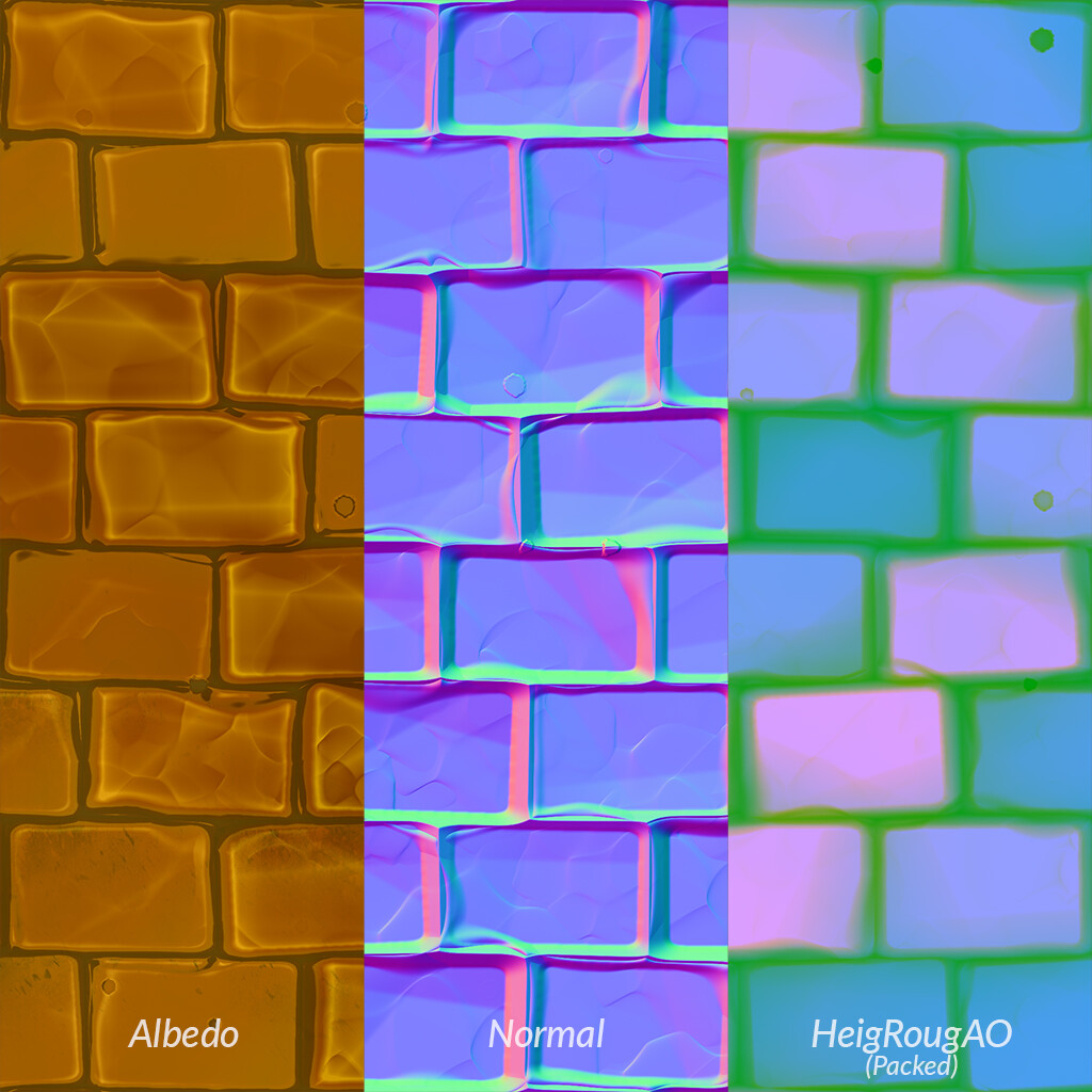 The Height, Roughness and Ambient Occlusion maps are pack into one to optimize resources in Game Engines ;)