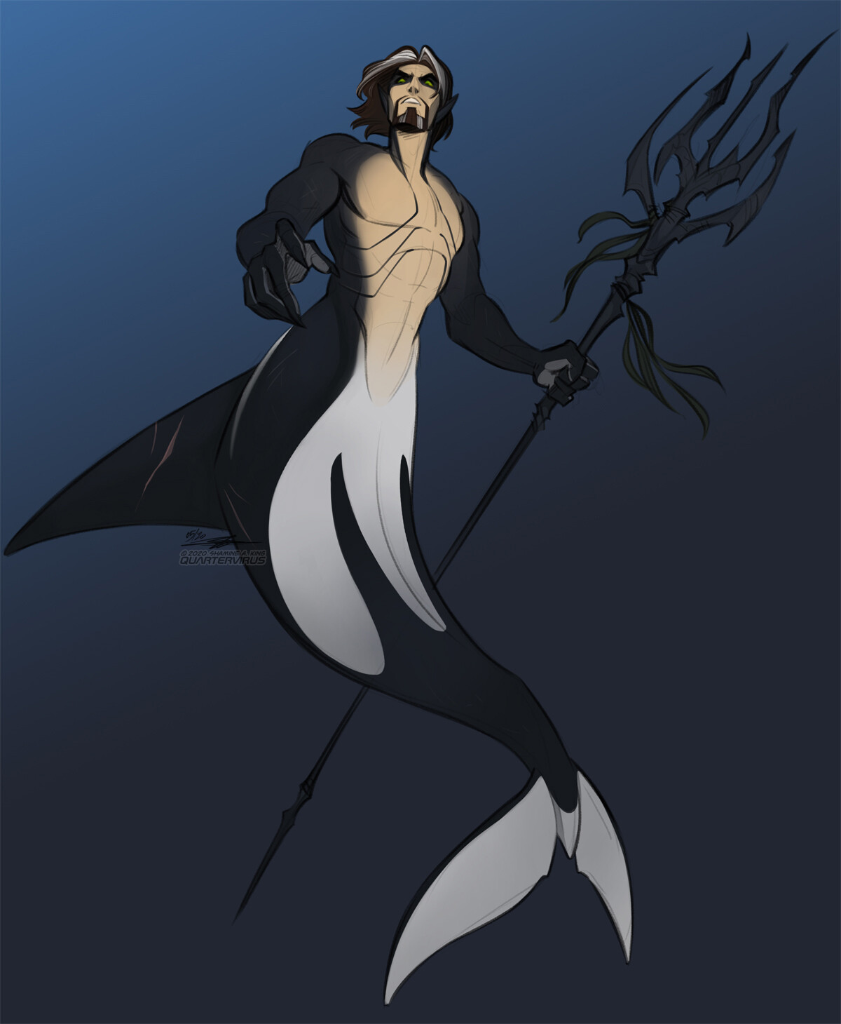 I first sketched Mermel way back in January but just couldn't get the picture to work. The first pass still illustrates much clearer the colour fade on his torso, and the weird manta-gills I am still very fond of.