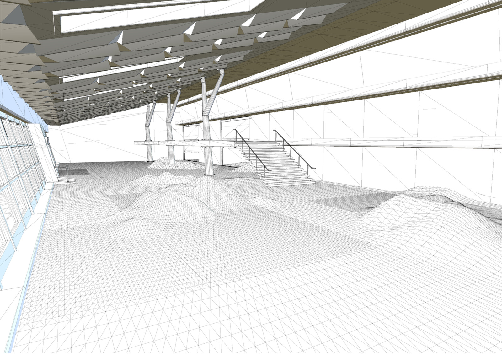 Wireframe view in Unity, only Architecture modules and high res terrain