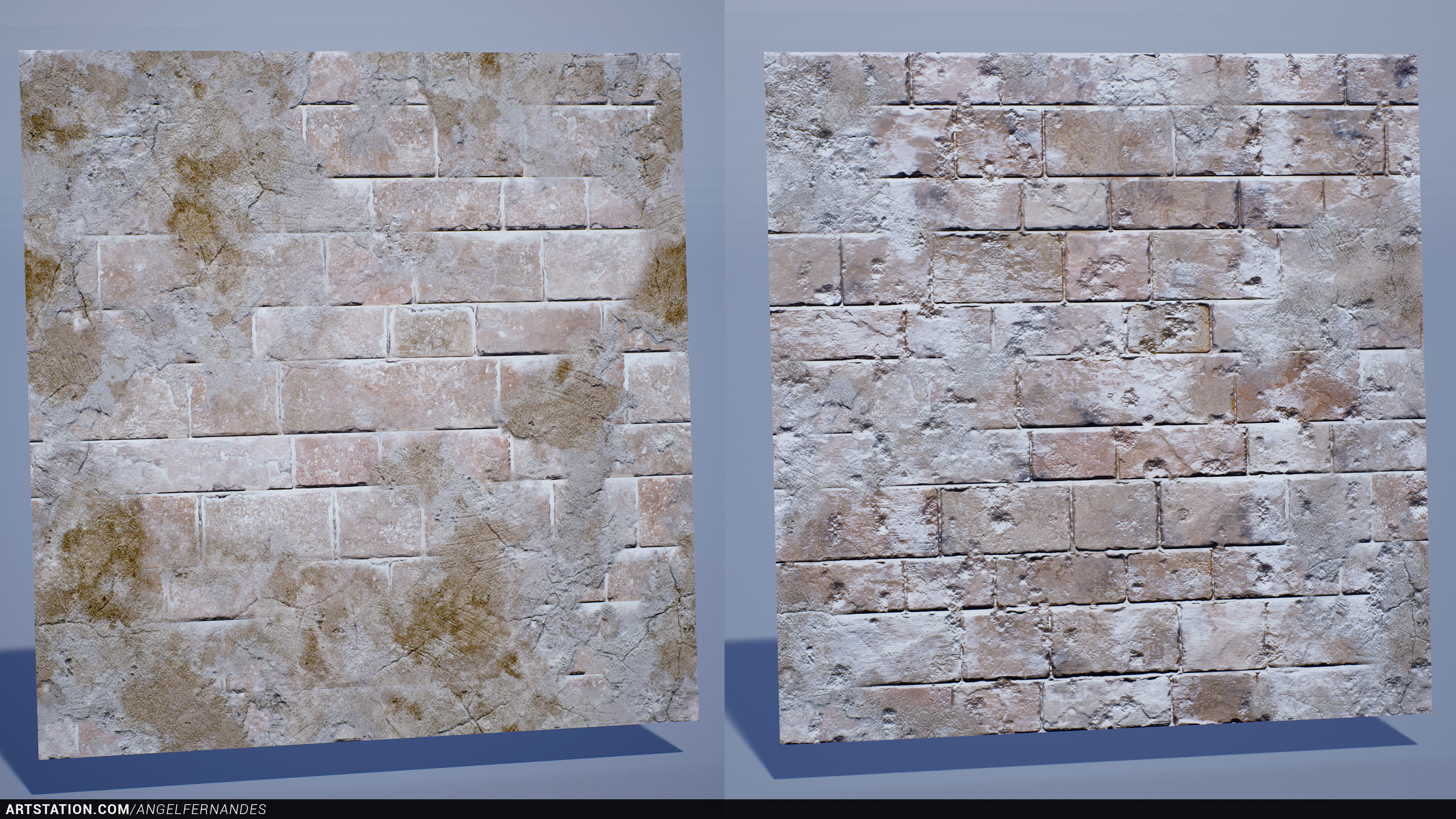 Bricks/Stone wall texture set with snow. Adding some stucco and layers of snow by Normal and AO map and a world position damaged effect.